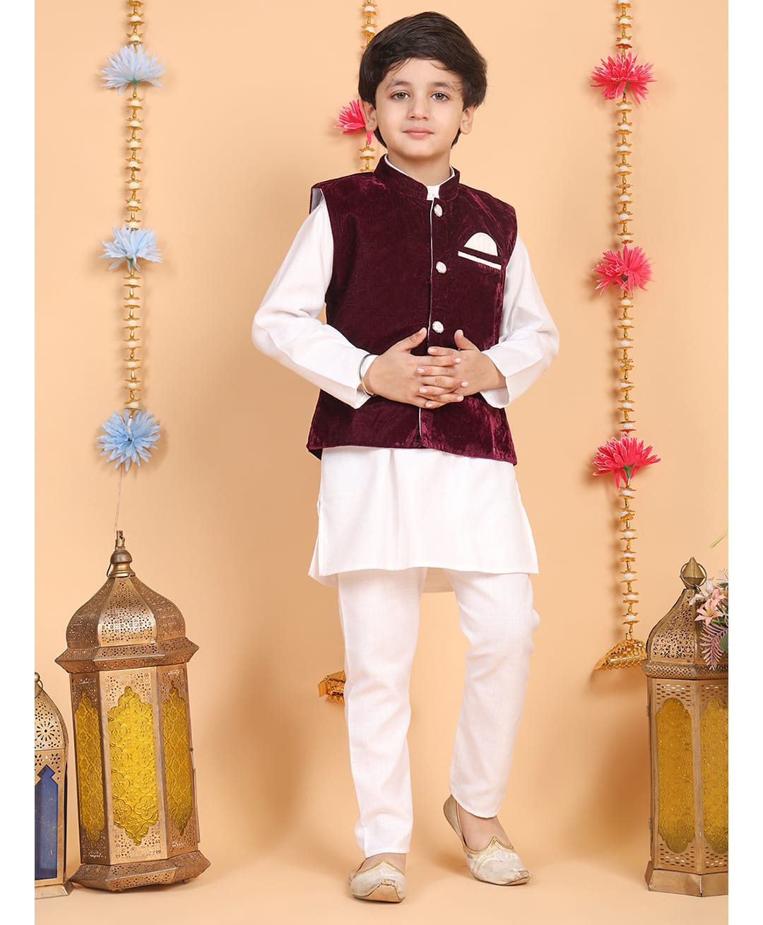 Superminis Velvet Woven Solid Jacket & Full Sleeves Kurta Pyjama Set - Wine-picture-26