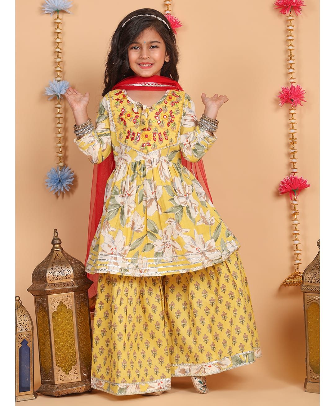 Superminis Cotton Woven Three Fourth Sleeves Floral Printed Mirror Detailed Kurti & Sharara With Dupatta Set - Yellow-image-36