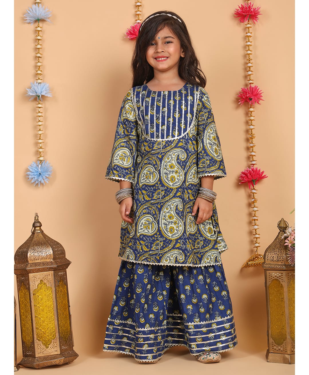 Superminis Cotton Woven Three Fourth Sleeves Paisley Printed Lace Embellished Kurti & Sharara Set - Navy Blue-picture-40