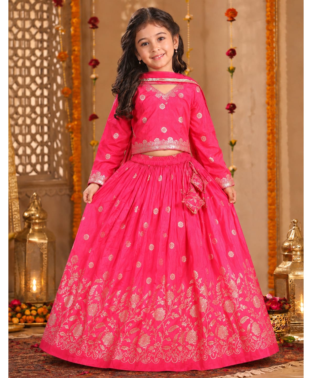 Superminis Silk Woven Full Sleeves Floral Foil Printed Lehenga & Choli Set With Dupatta Set - Magenta-picture-2