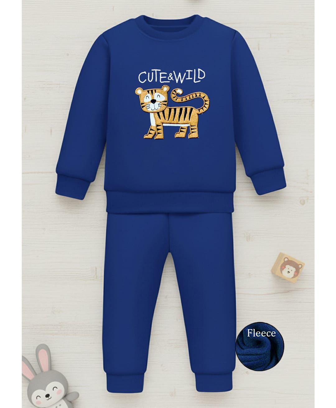 Trampoline Fleece Knit Full Sleeves Tiger Patch Embroidered Winter Sweatshirt & Joggers Set - Blue-image-25