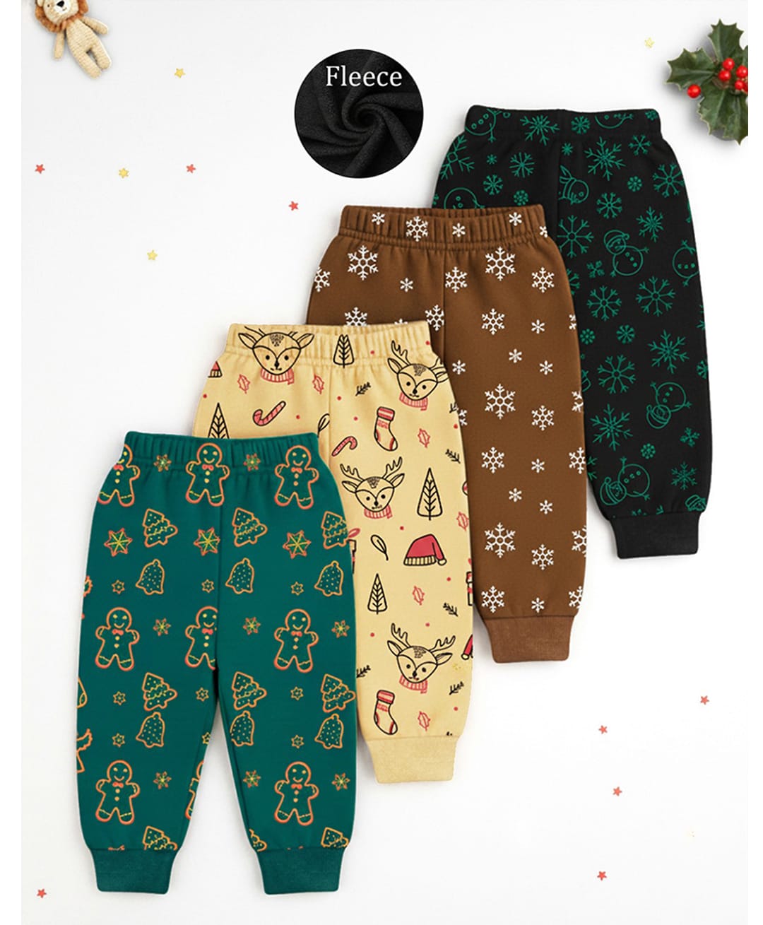 Trampoline Fleece Knit Christmas Theme Pack Of 4 Snow Flakes & Reindeer Printed Joggers - Multi Colour