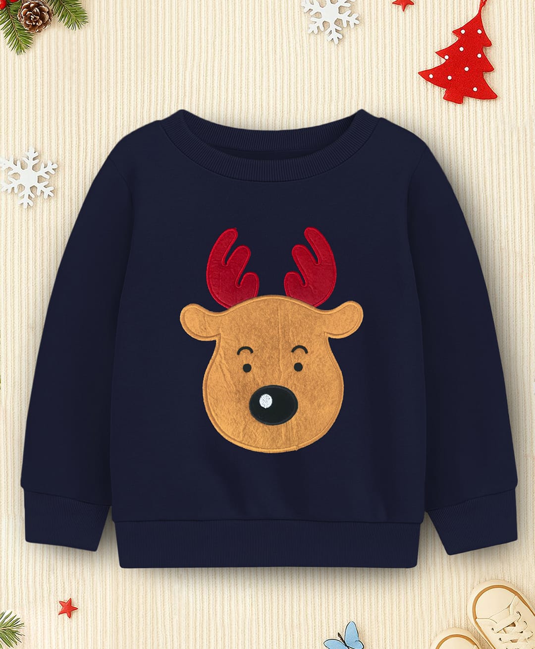 Trampoline Fleece Knit Christmas Theme Sweatshirt Reindeer Embroidered Light Winter Sweatshirt - Navy Blue-image-27