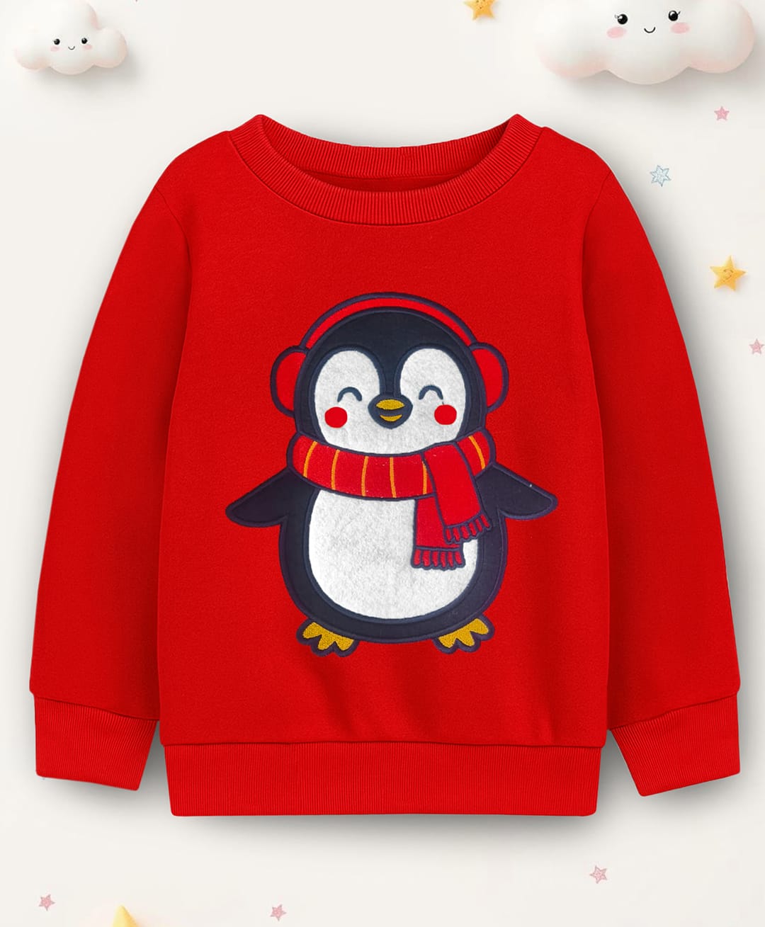 Trampoline Fleece Knit Full Sleeves Penguin Embroidered Light Winter Sweatshirt - Red-image-35