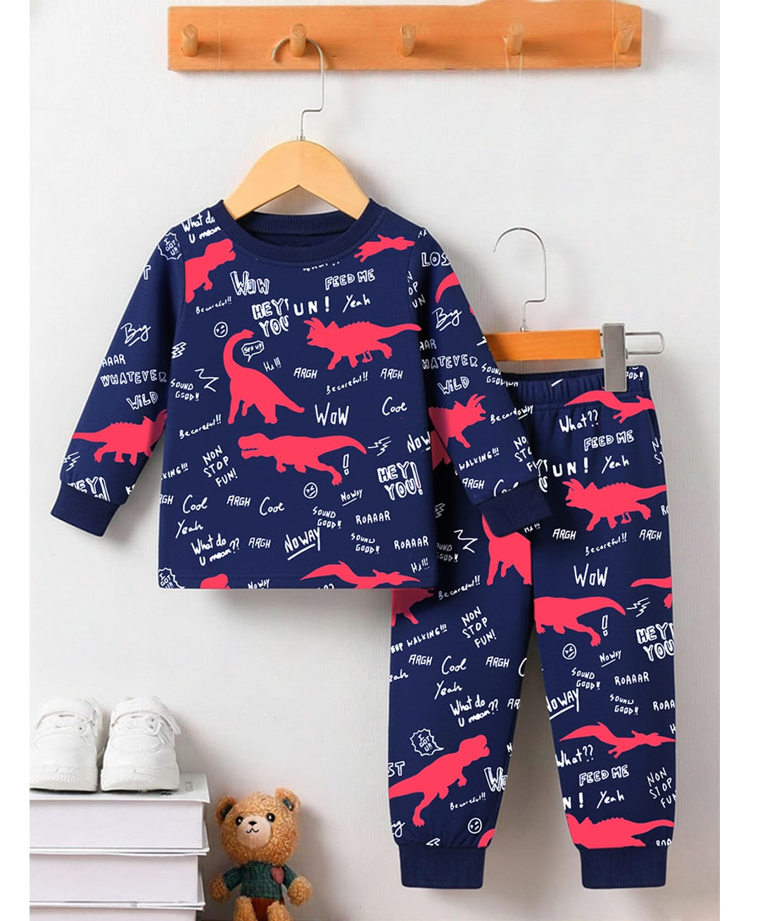 Trampoline Terry Knit Full Sleeves Dinosaur & Typography Printed Tee & Joggers Set - Multi Colour-picture-26