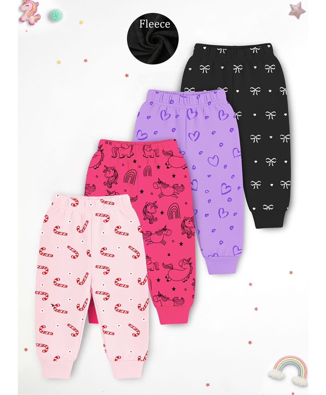 Trampoline Fleece Knit Pack Of 4 Unicorn Bows & Hearts Printed Pants - Multi Colour