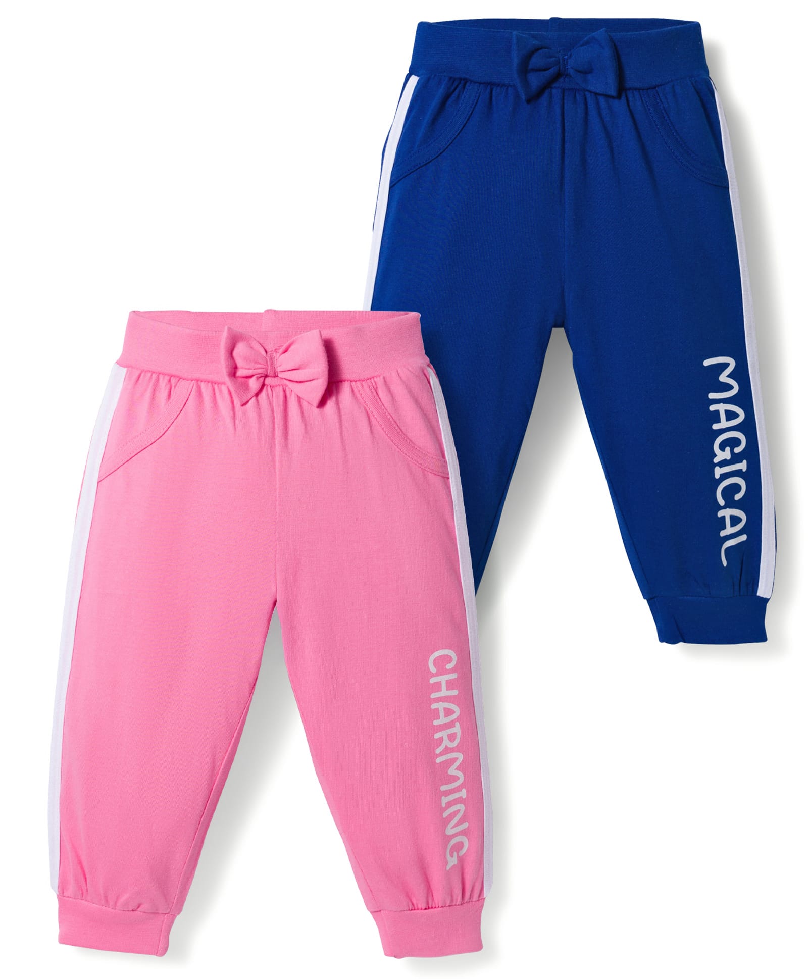 Doodle Poodle 100% Cotton Knit Full Length Lounge Pants With Text Print & Bow Applique Pack of 2 - Pink & Navy Blue-image-24