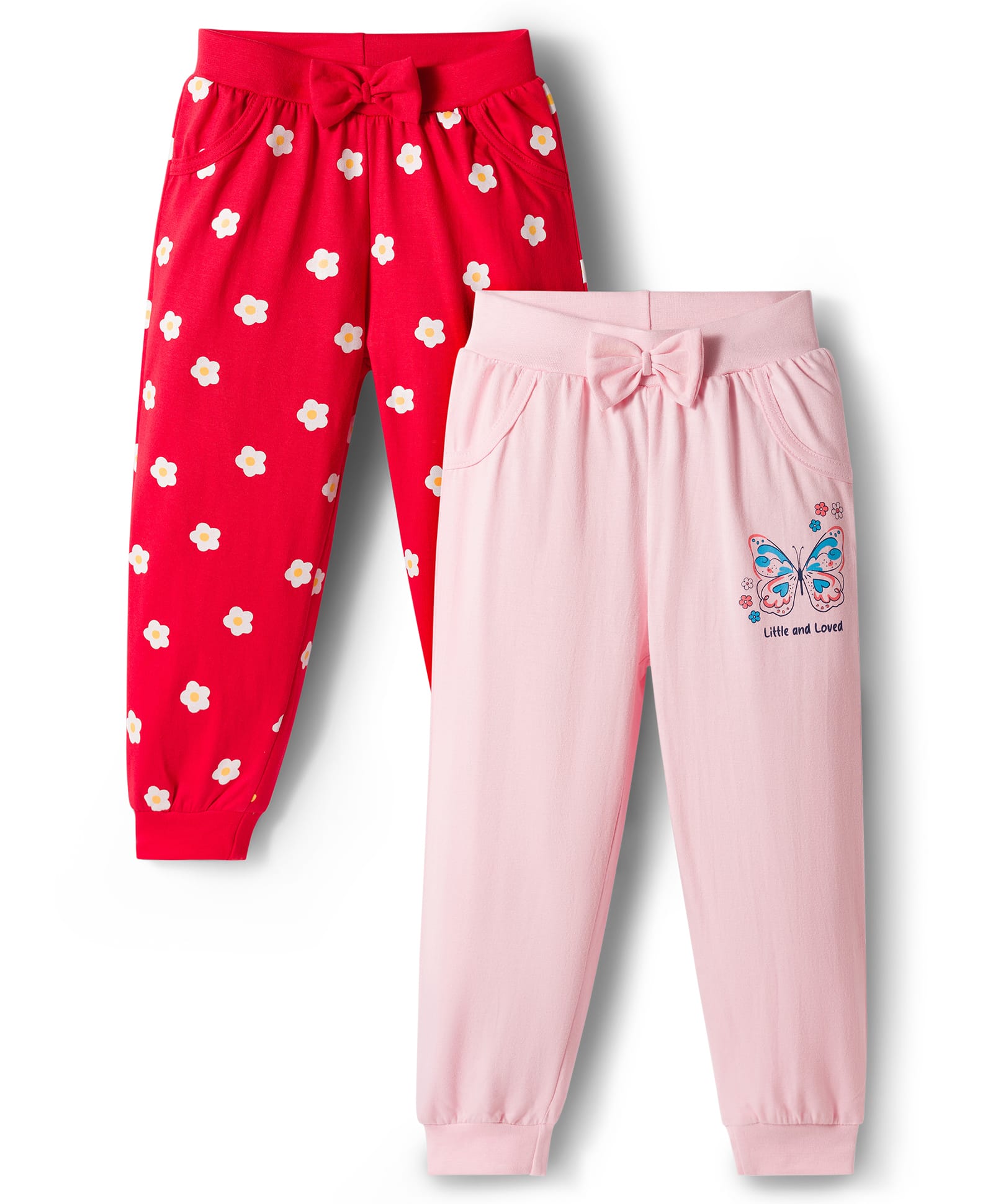Doodle Poodle 100% Cotton Knit Full Length Lounge Pants With Floral & Butterfly Print Pack of 2 - Red & Pink-picture-10