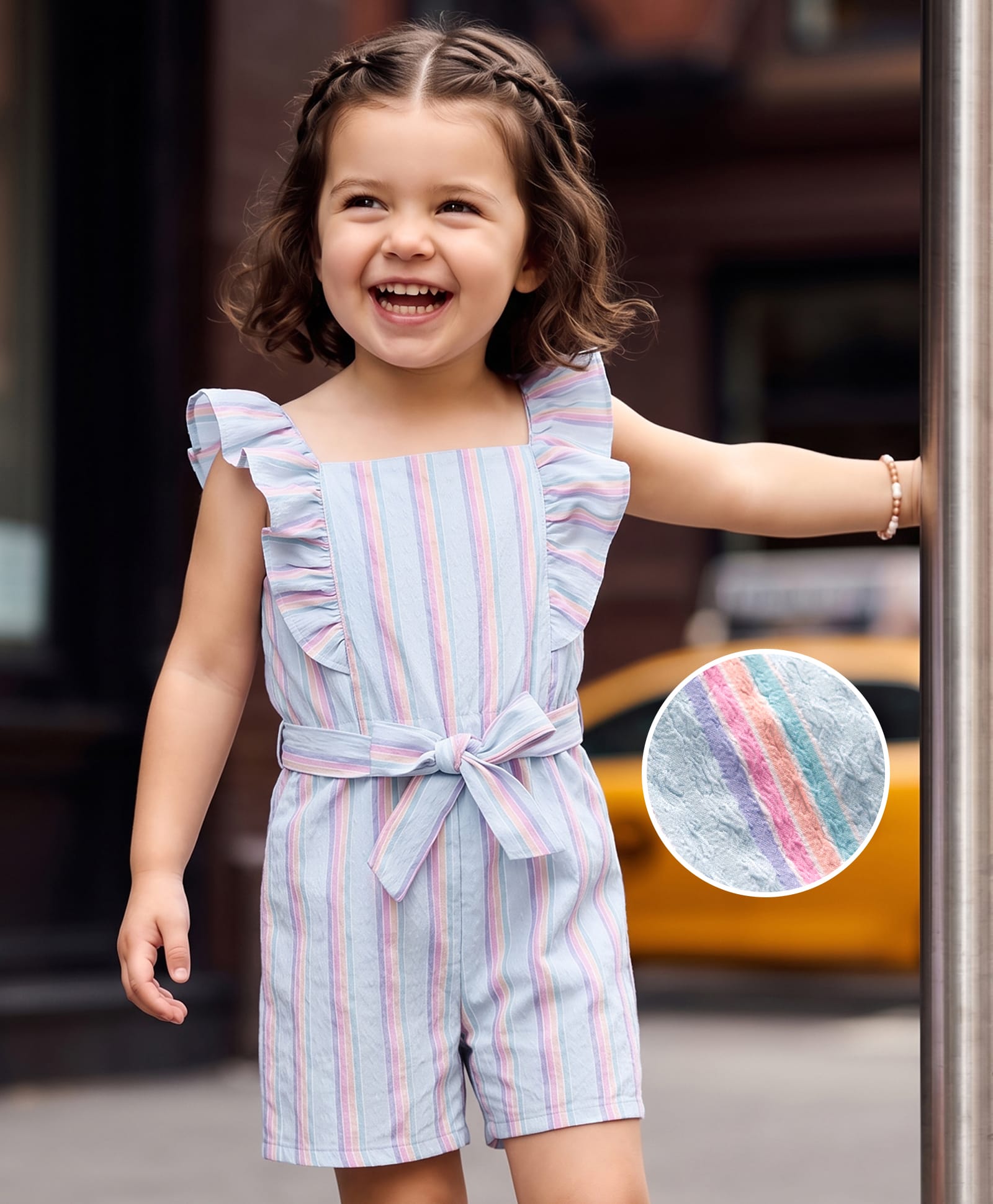 Mark & Mia Woven Off Shoulder Frill Sleeves Striped Jumpsuit with Belt - Multicolor-image-42