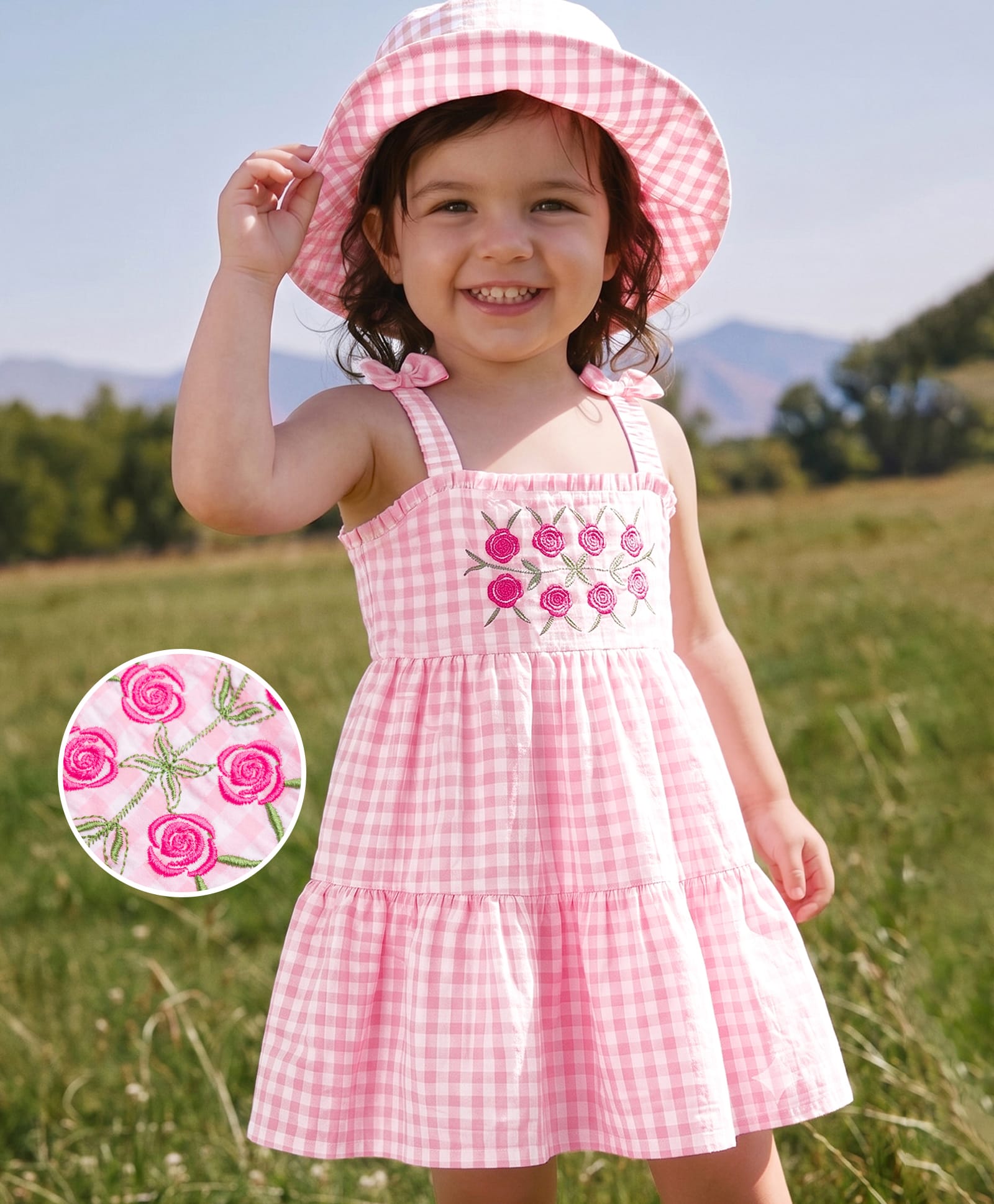 Mark & Mia Cotton Woven Frock and Cap with Sleeveless Styling and Floral Print in Pink Checks for 3-4 Years-picture-11