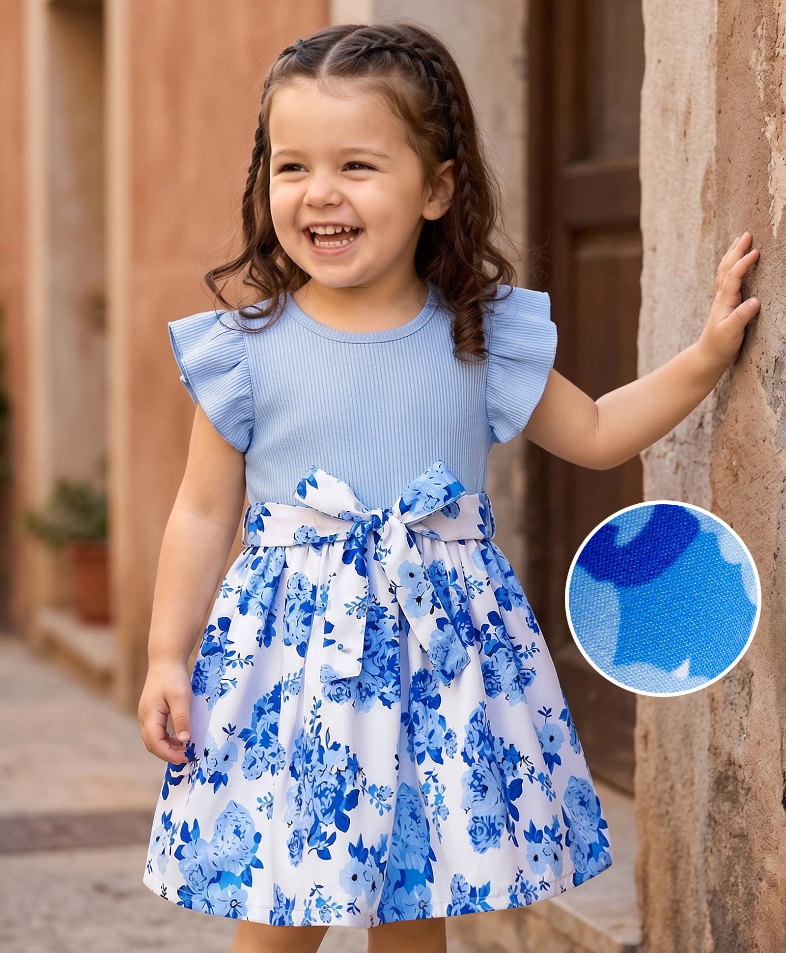 Mark & Mia Knitted Frill Sleeves Frock with Belt & Floral Print - Light Blue-image-34