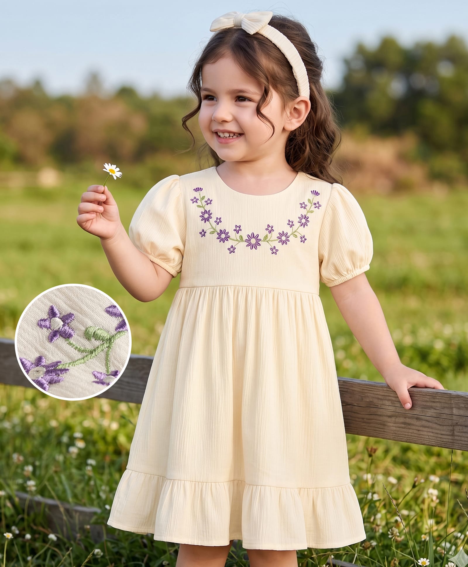 Mark & Mia Cotton Woven Half Puffed Sleeves Floral Embroidered Tiered Frock With Headband - Cream-image-17
