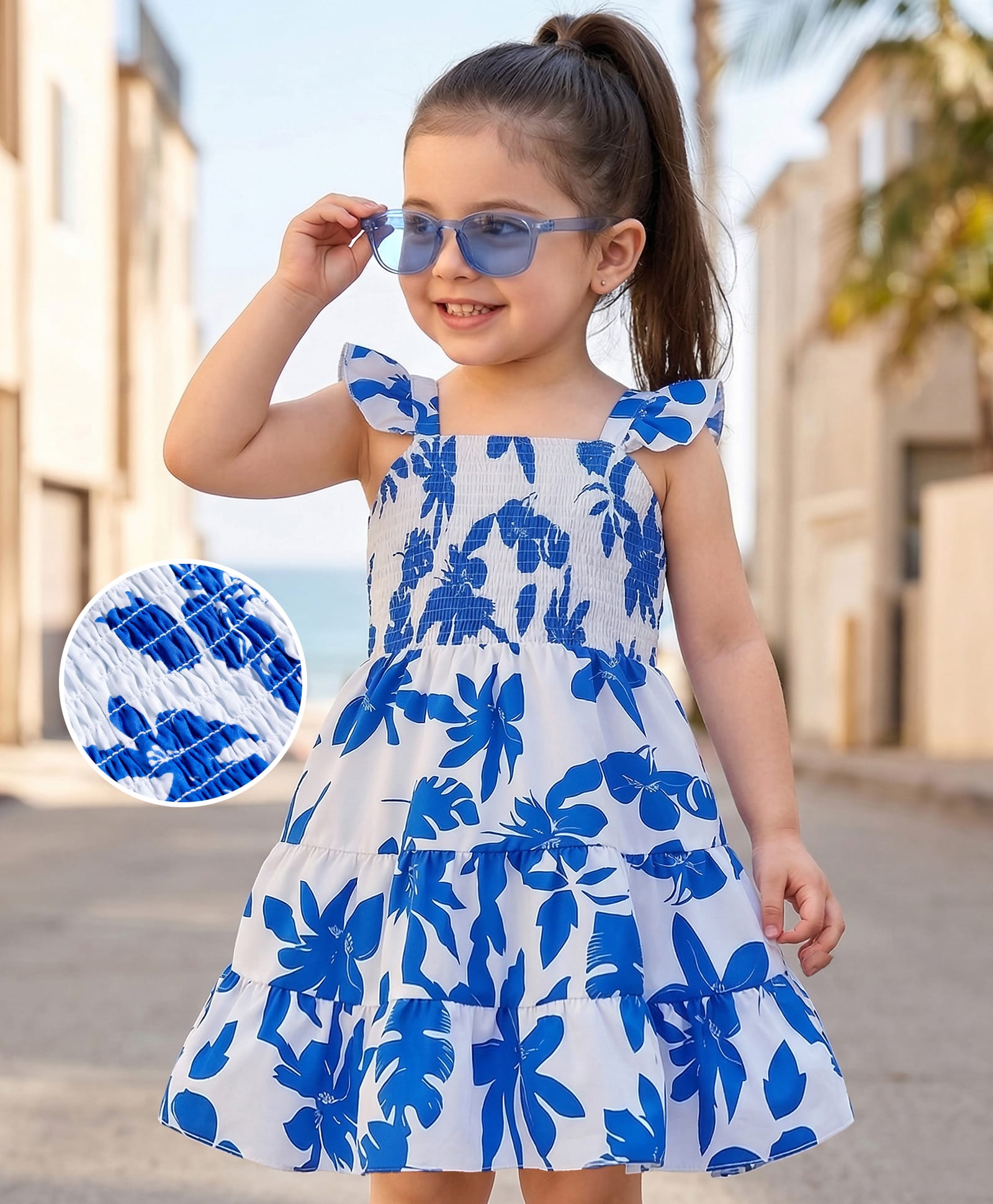 mark & mia cotton woven frill sleeves smocked frock with floral print - blue