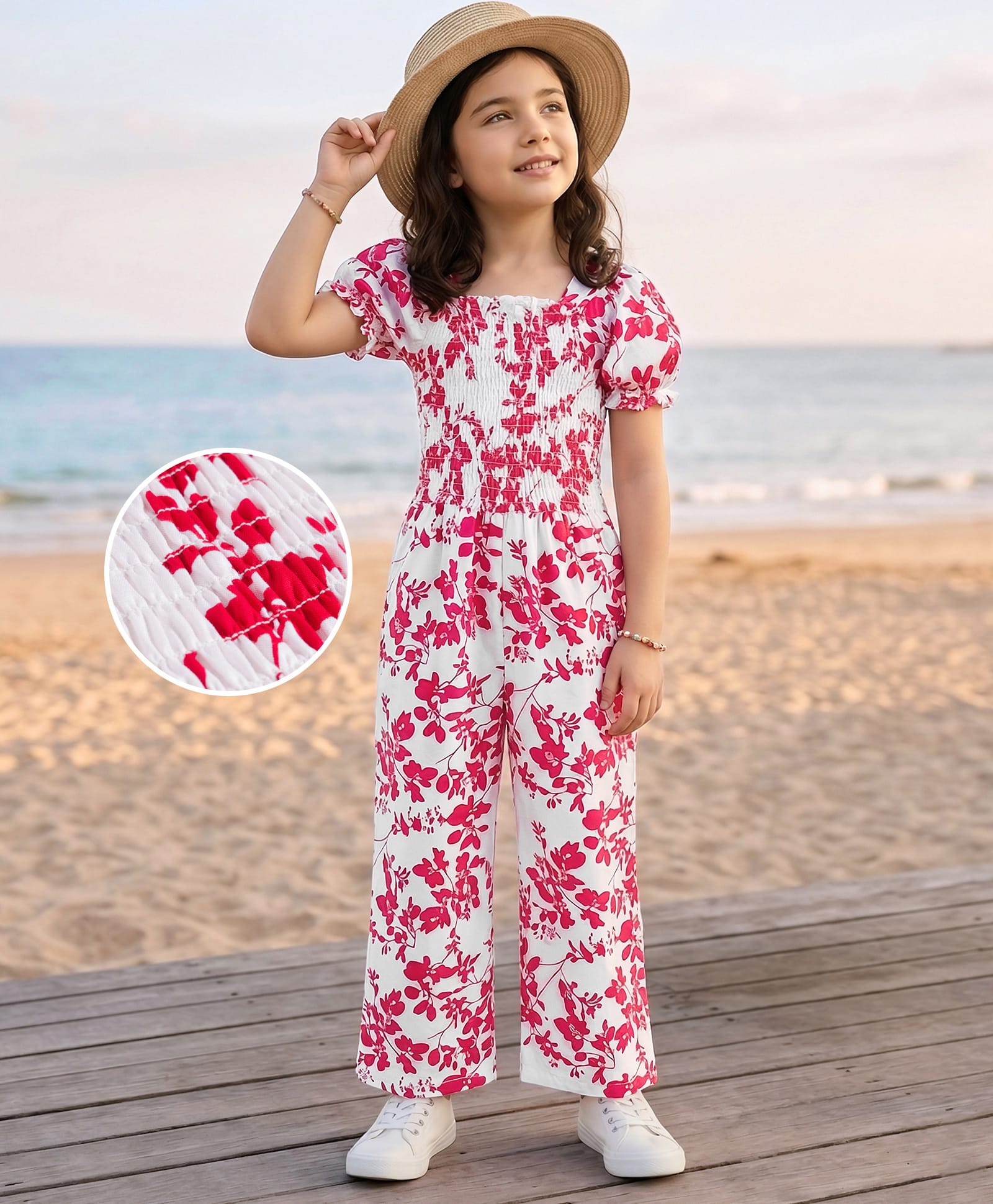 Mark & Mia Rayon Woven Half Puffed Sleeves Floral Printed Full Length Jumpsuit with Smocking Detailing - Red-picture-18