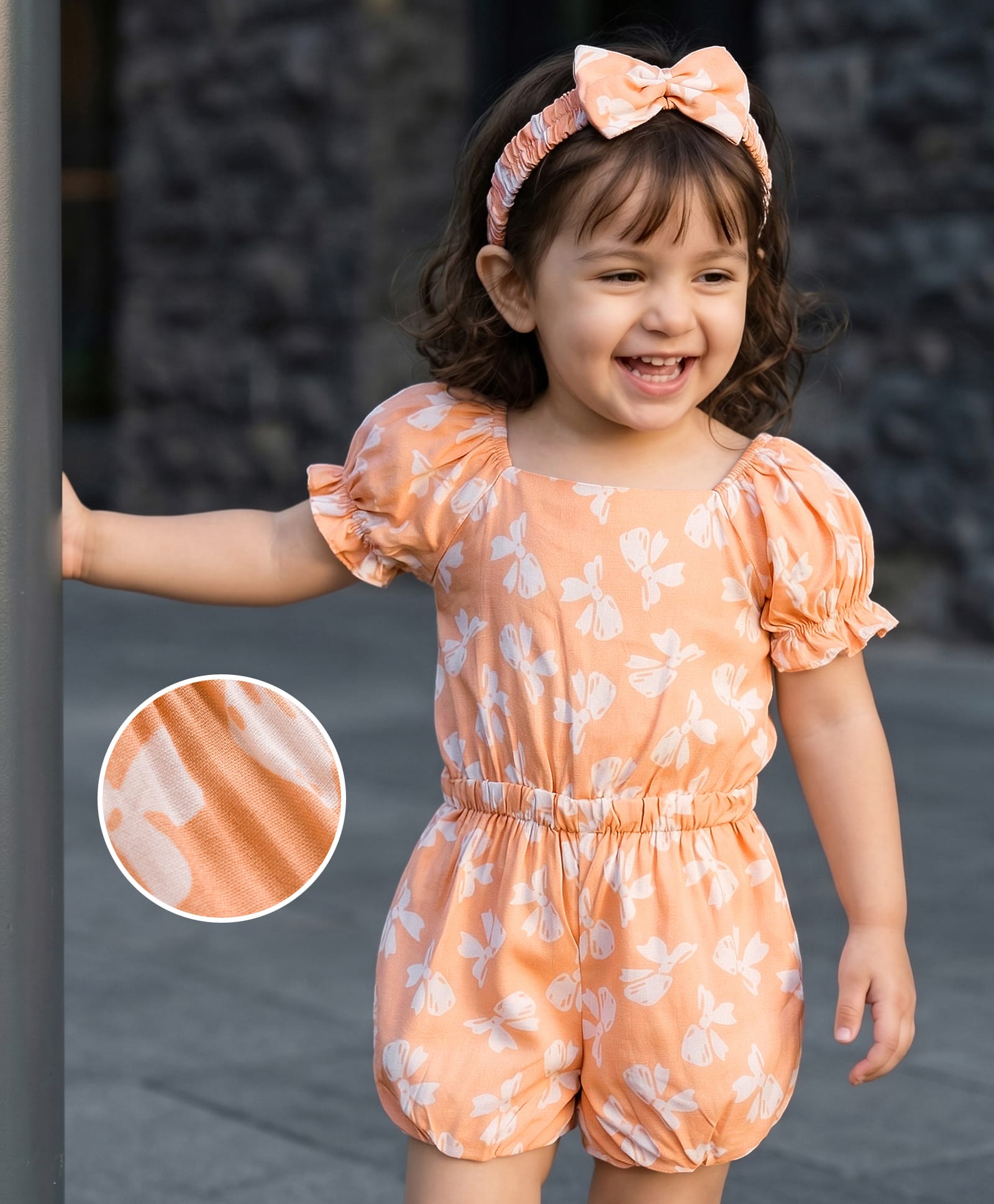 Mark & Mia Rayon Woven Half Sleeves Jumpuit with Headband & Bow Print - Peach-picture-18