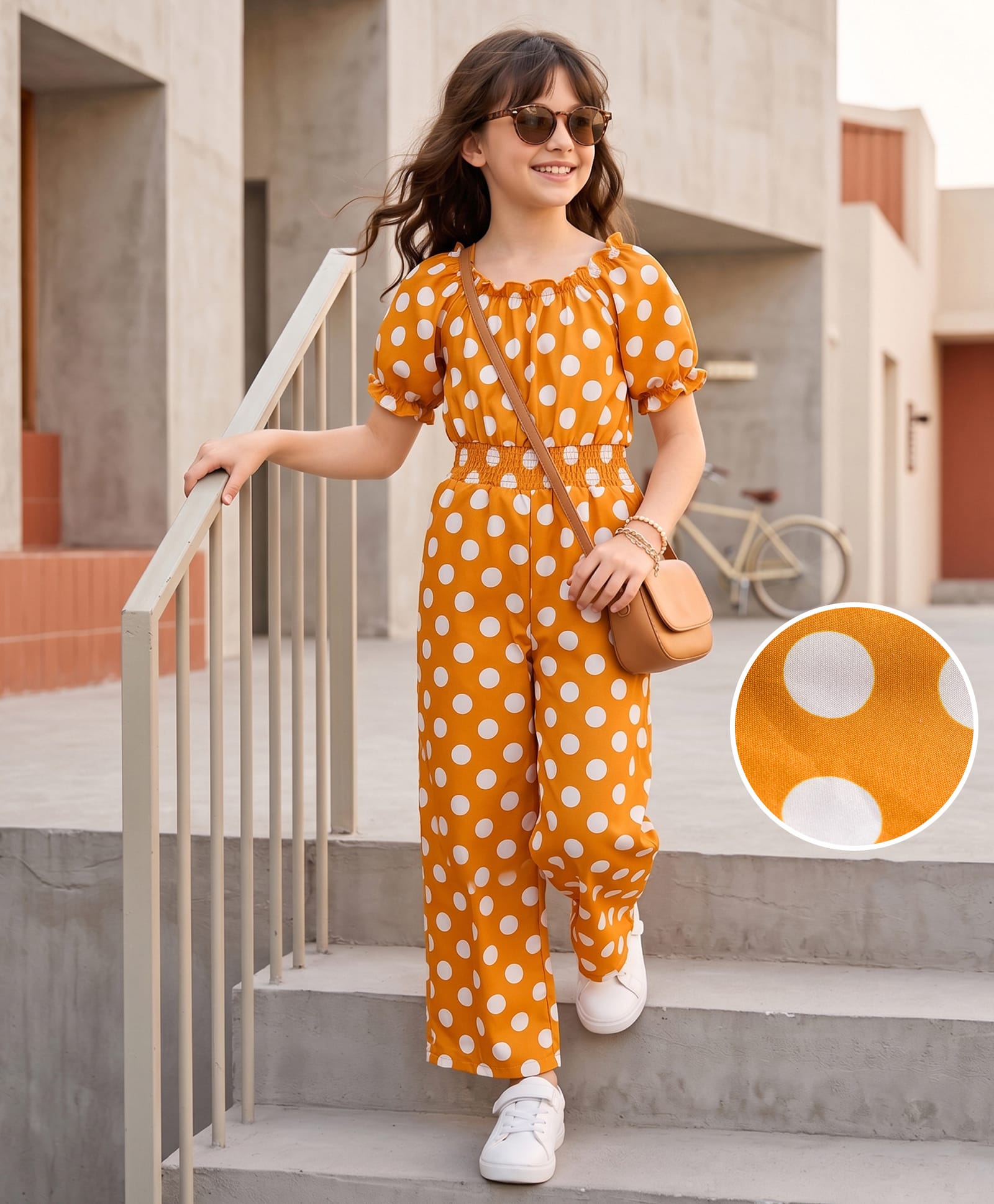 Mark & Mia Woven Raglan Half Sleeves Polka Dots Printed Jumpsuit - Mustard-picture-10