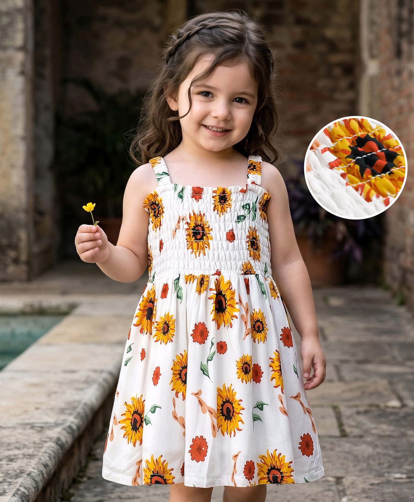 Mark & Mia Cotton Woven Sleeveless Floral Printed Frock with Smocking Detailing - White-image-35