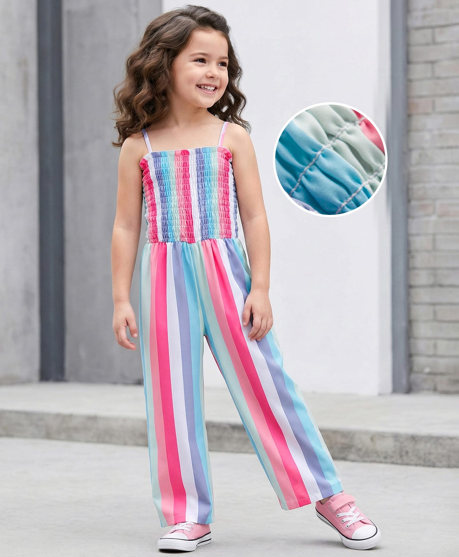 Mark & Mia Woven Off Shoulder Stripes Jumpsuit with Smokcing Detailing -Multicolor-picture-10