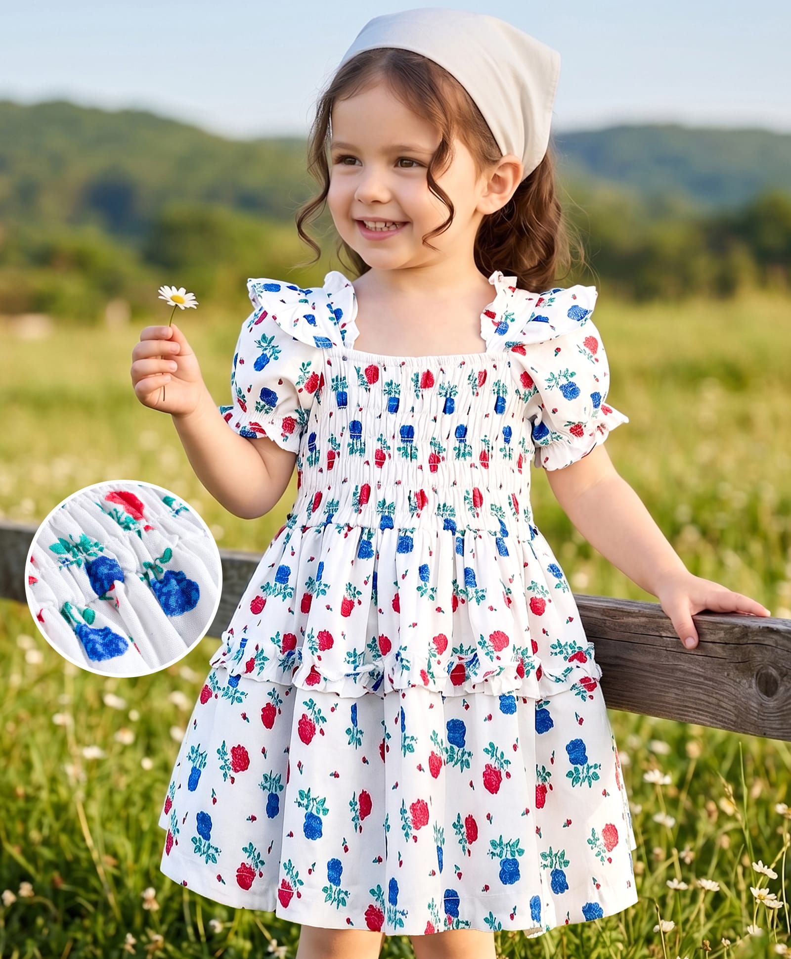Mark & Mia Cotton Woven Half Sleeves Frock With Floral Print Frill & Smocking Detailing- White-image-34