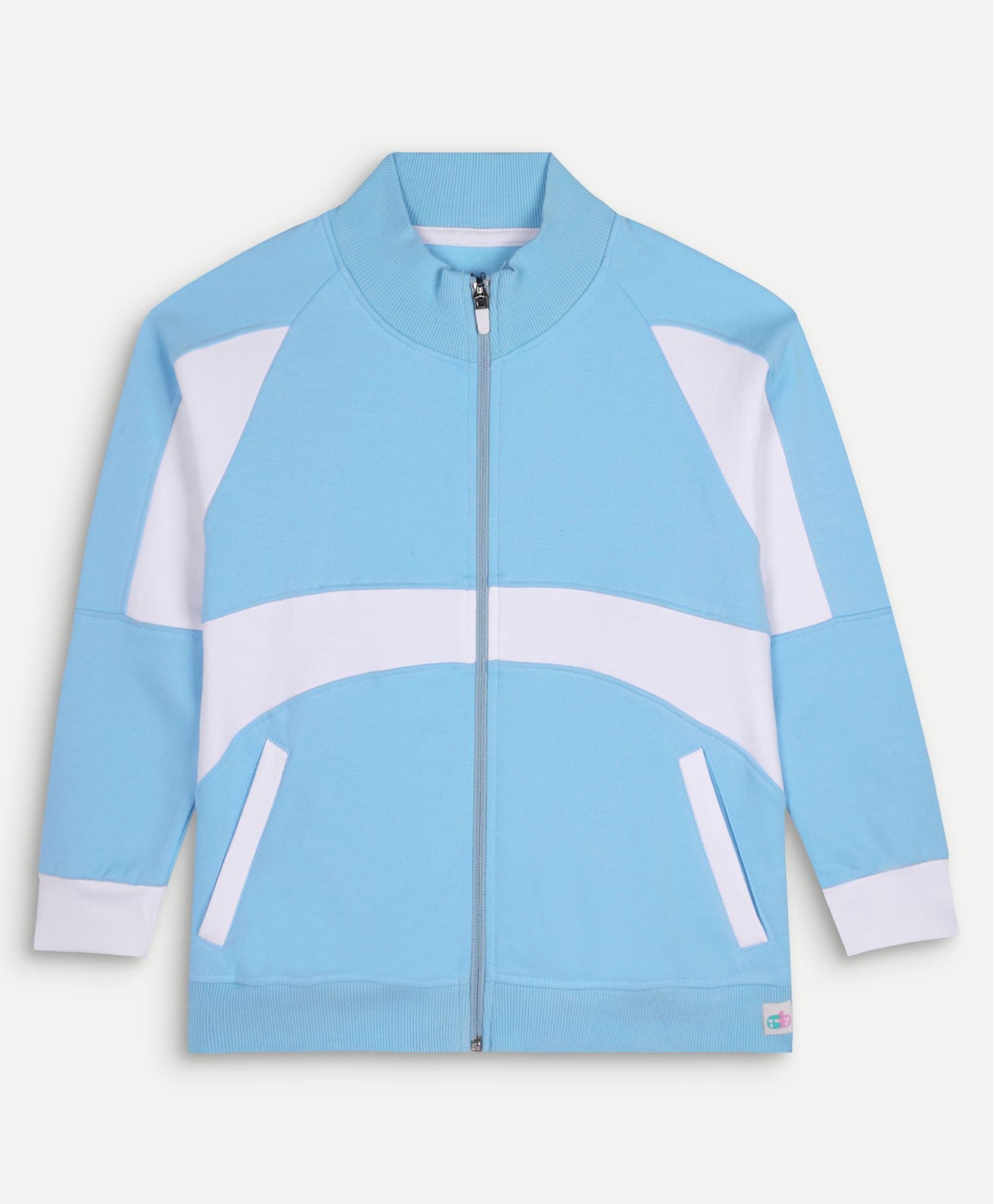 chuckleberrie Cotton Knit Full Sleeves Colour Blocked Light Winter Jacket - Light Blue-picture-20