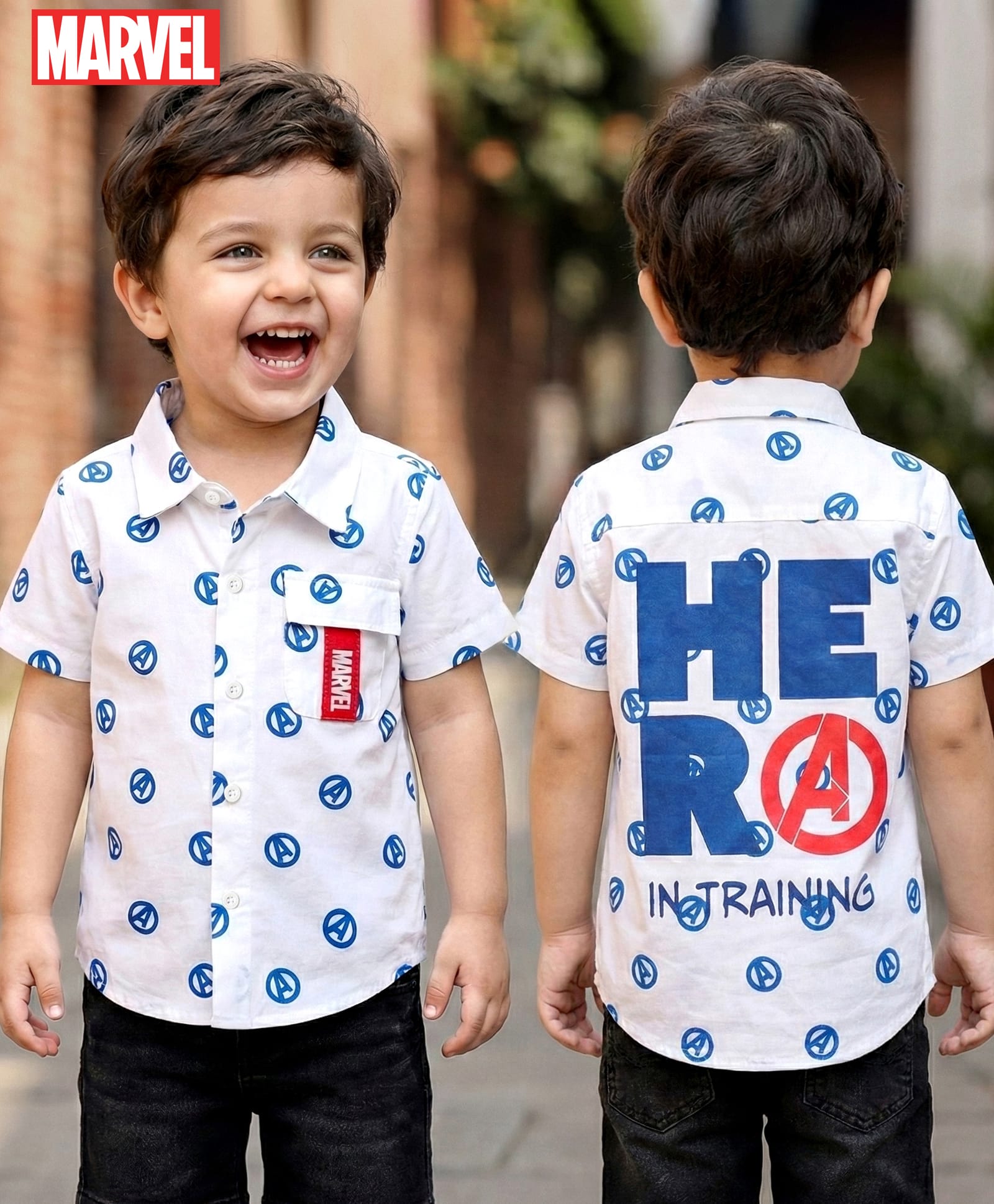 Babyhug Marvel Poplin Woven Half Sleeves Shirt With Back Avengers Graphics & Pocket Detailing - White-image-6