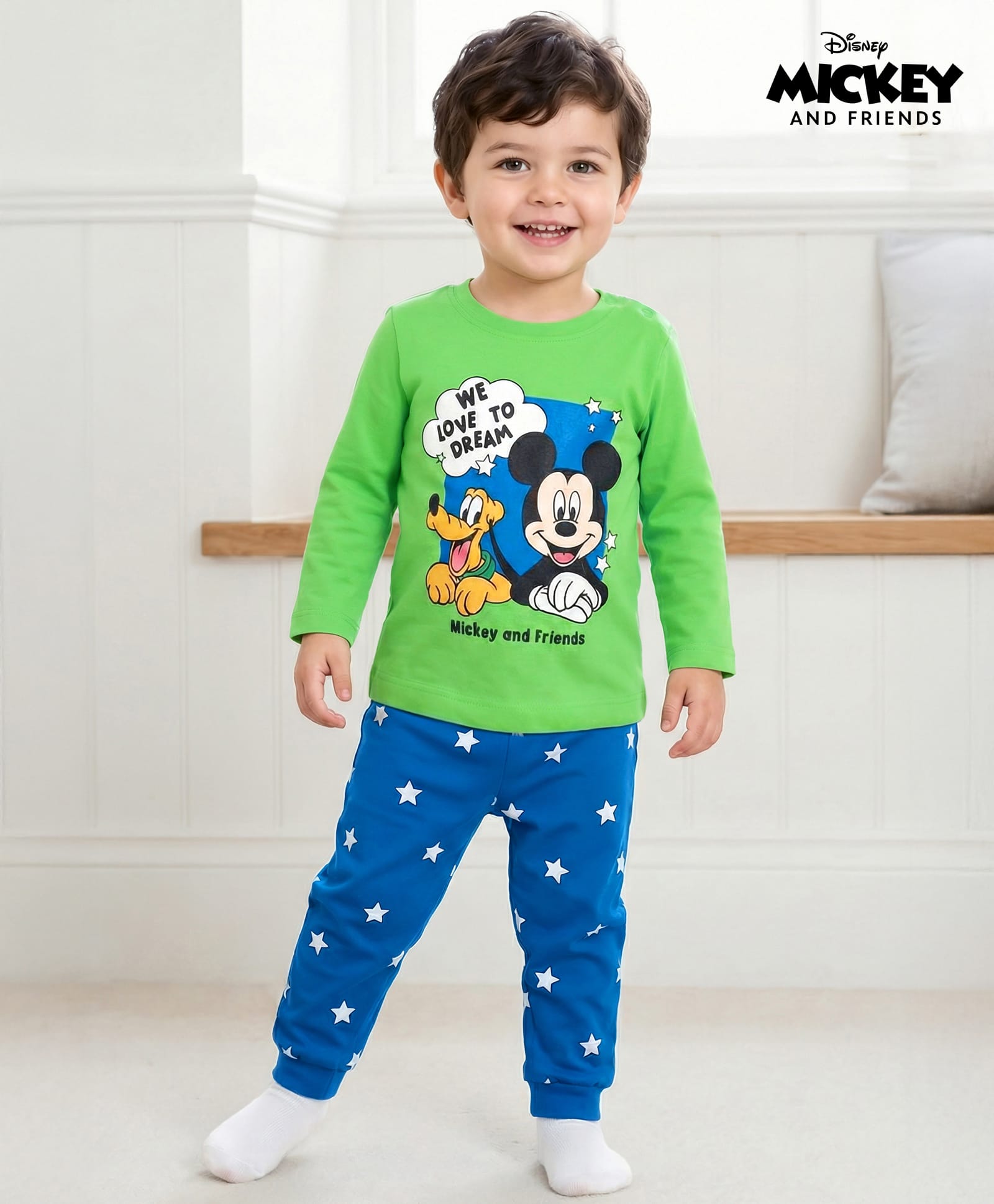 Babyhug Disney 100% Cotton Knit Full Sleeves T-Shirt & Pyjama Night Suit With Mickey & Friends Graphics - Blue & Green-image-41
