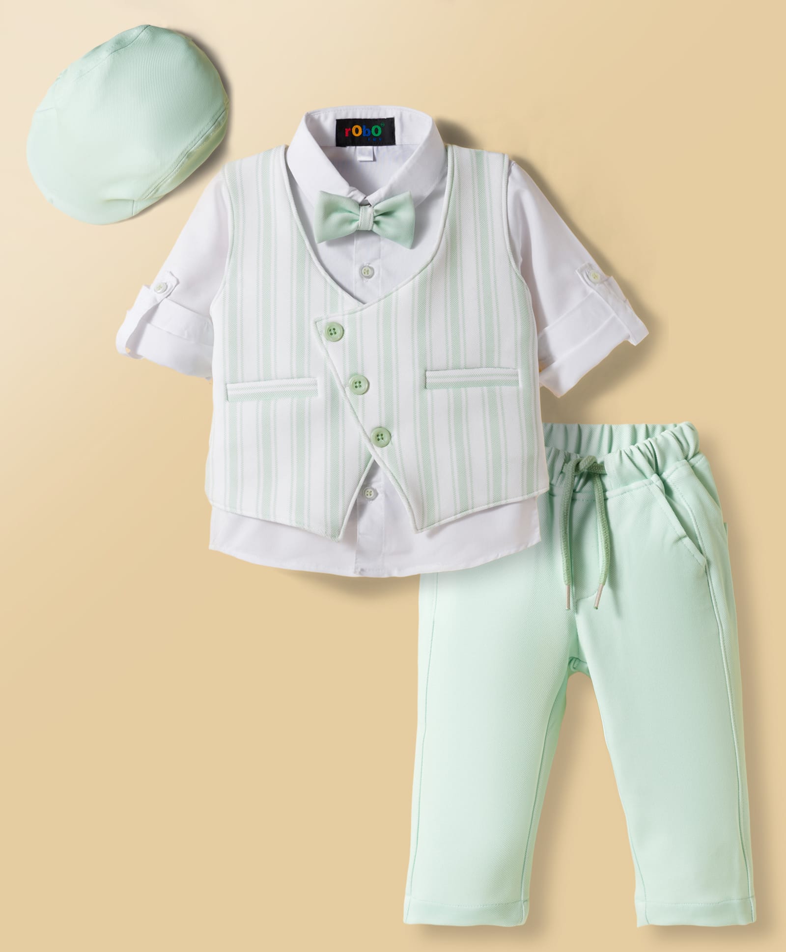 Robo Fry Cotton Woven Full Sleeves Striped 3 Piece Party Suit With Bow & Cap - Light Green-picture-34