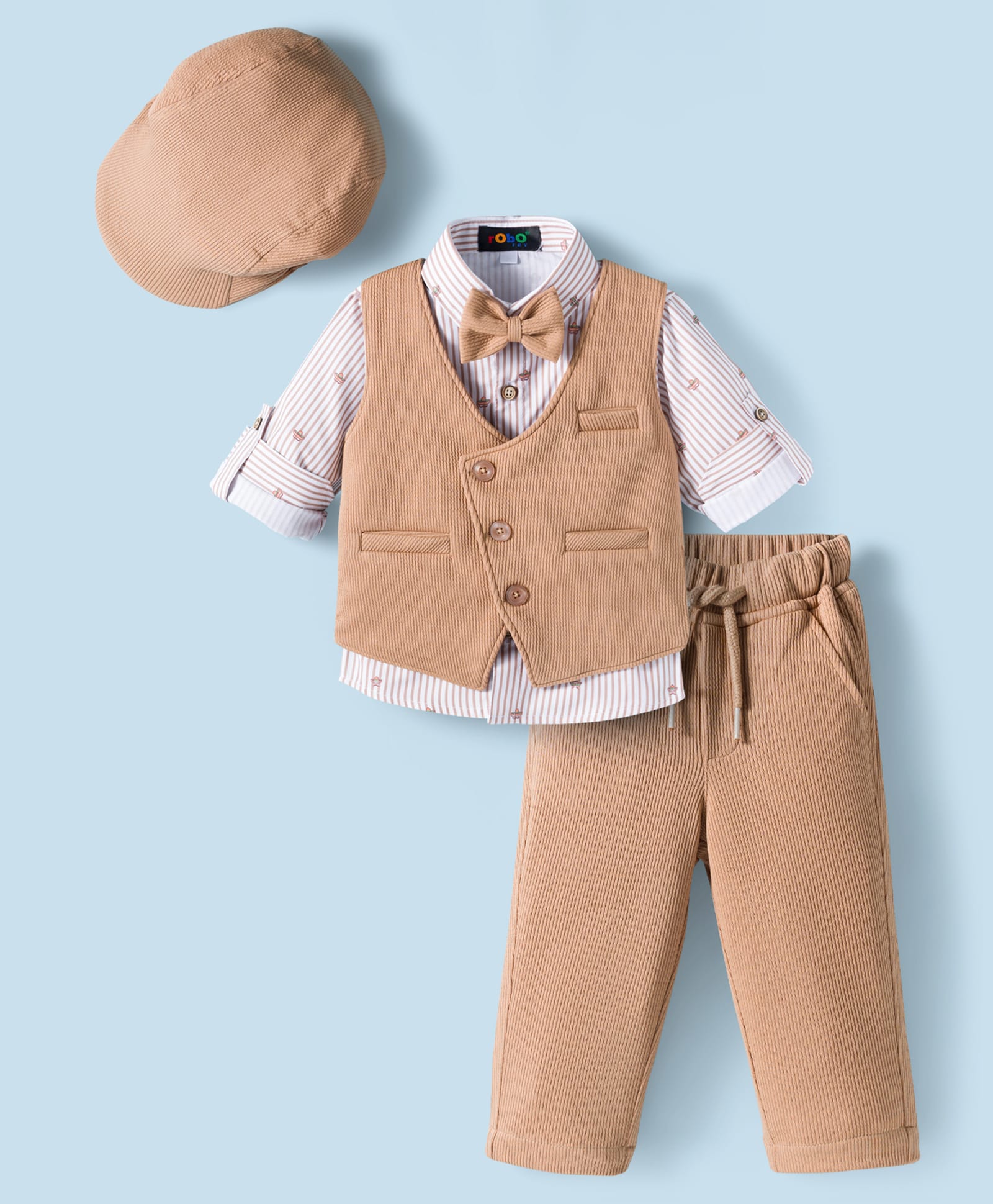 Robo Fry Cotton Woven Full Sleeves Printed 3 Piece Party Suit With Bow & Cap - Tan-image-21