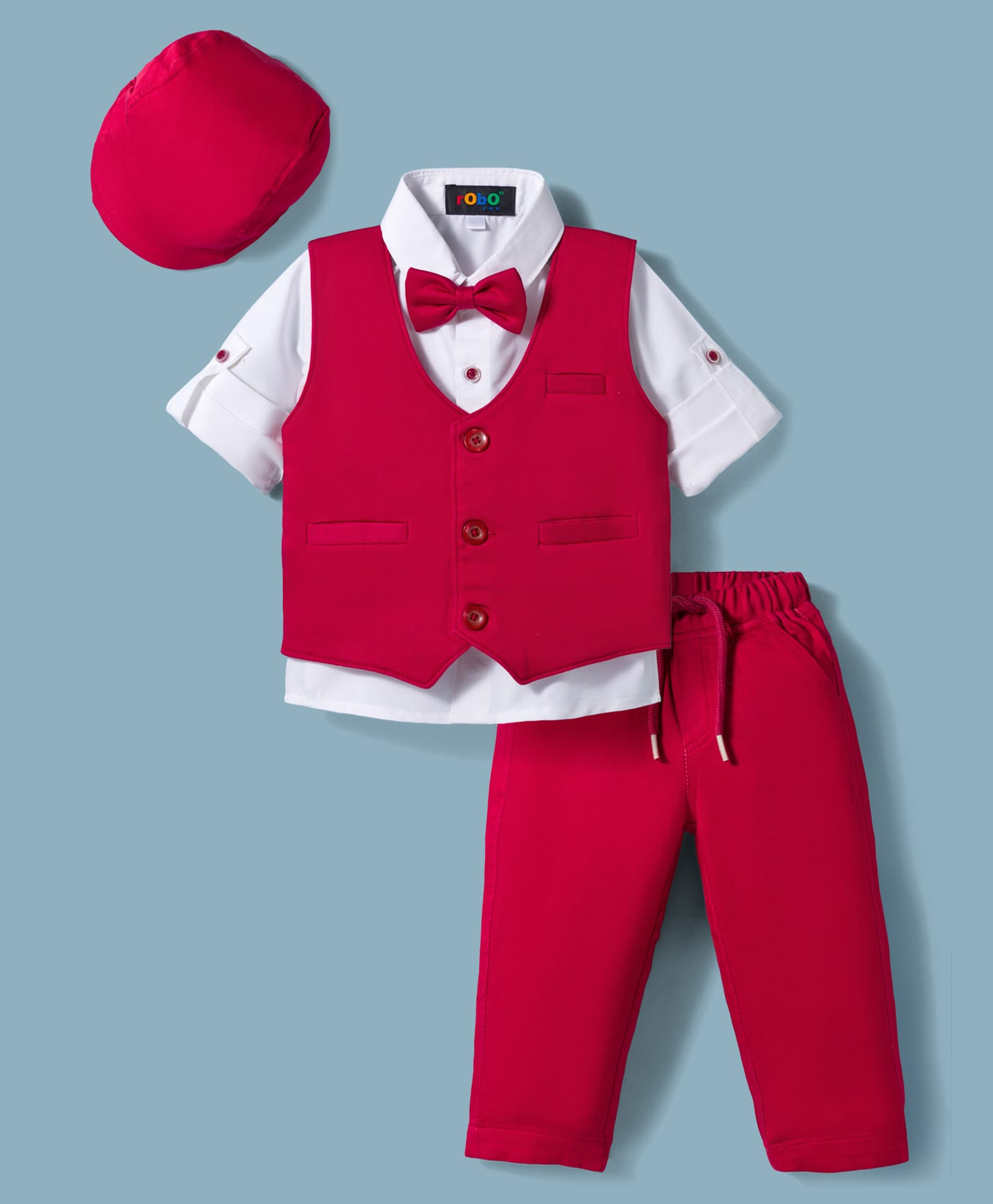 Robo Fry Cotton Woven Full Sleeves Solid 3 Piece Party Suit With Bow - Red-picture-18