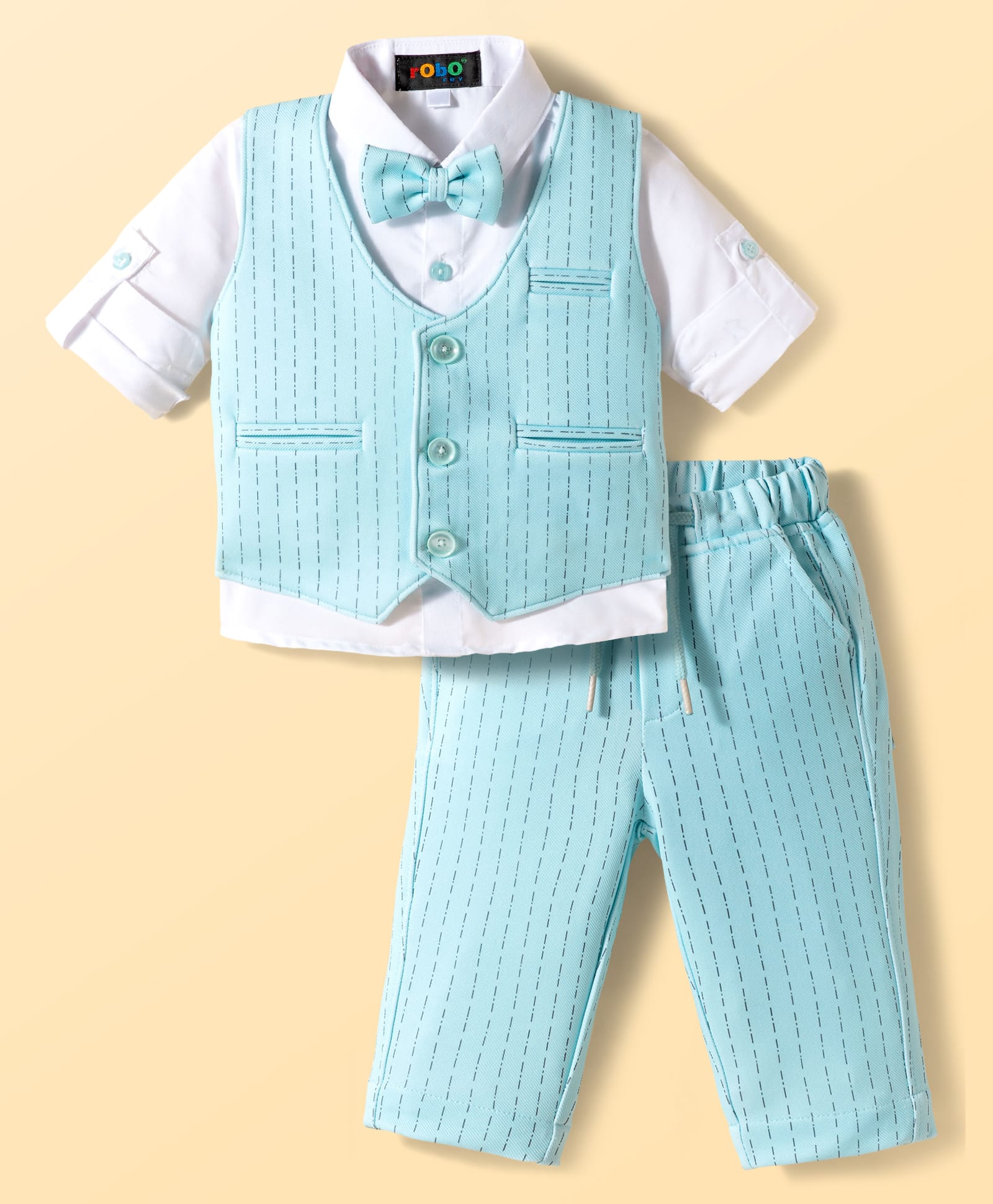 Robo Fry Cotton Woven Full Sleeves Striped 3 Piece Party Suit With Bow - Light Blue-image-16