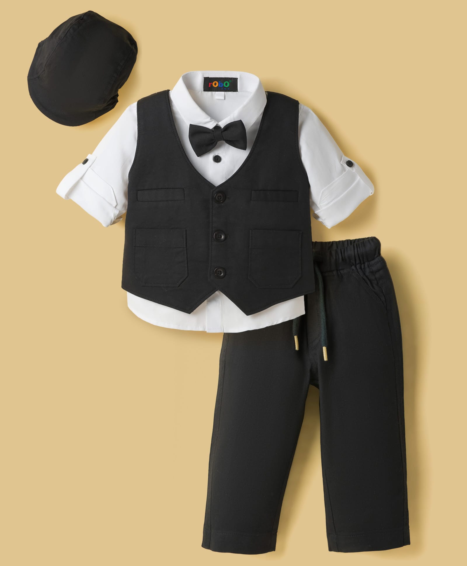 Robo Fry Cotton Woven Full Sleeves Solid 3 Piece Party Suit With Bow & Cap - Black-picture-16