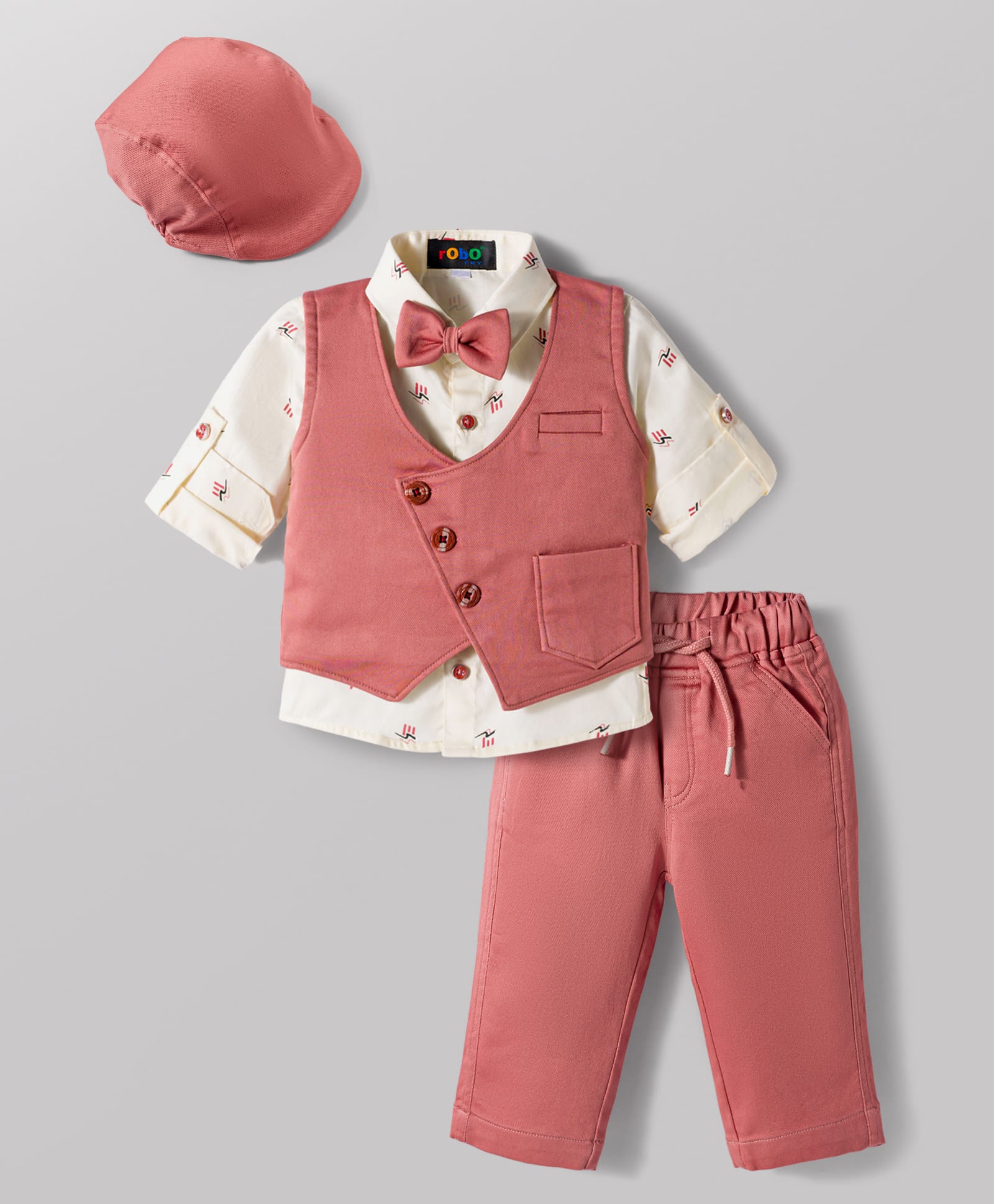 Robo Fry Cotton Woven Full Sleeves Printed 3 Piece Party Suit With Bow & Cap - Pink-picture-12