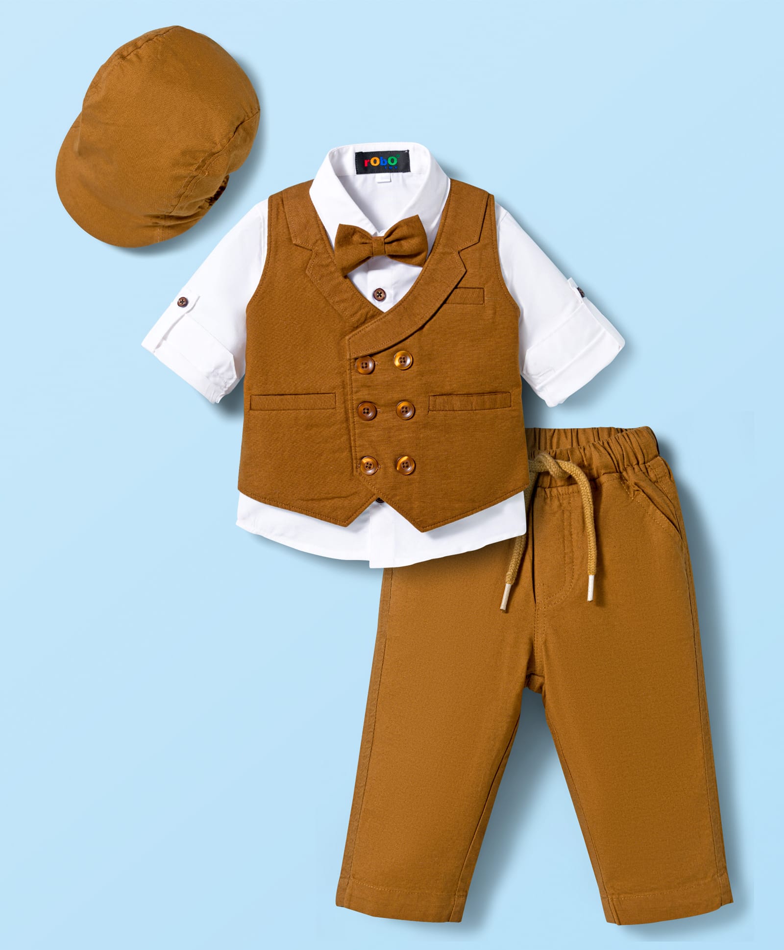 Robo Fry Cotton Woven Full Sleeves Solid Party Suit With Cap - Khaki-picture-25