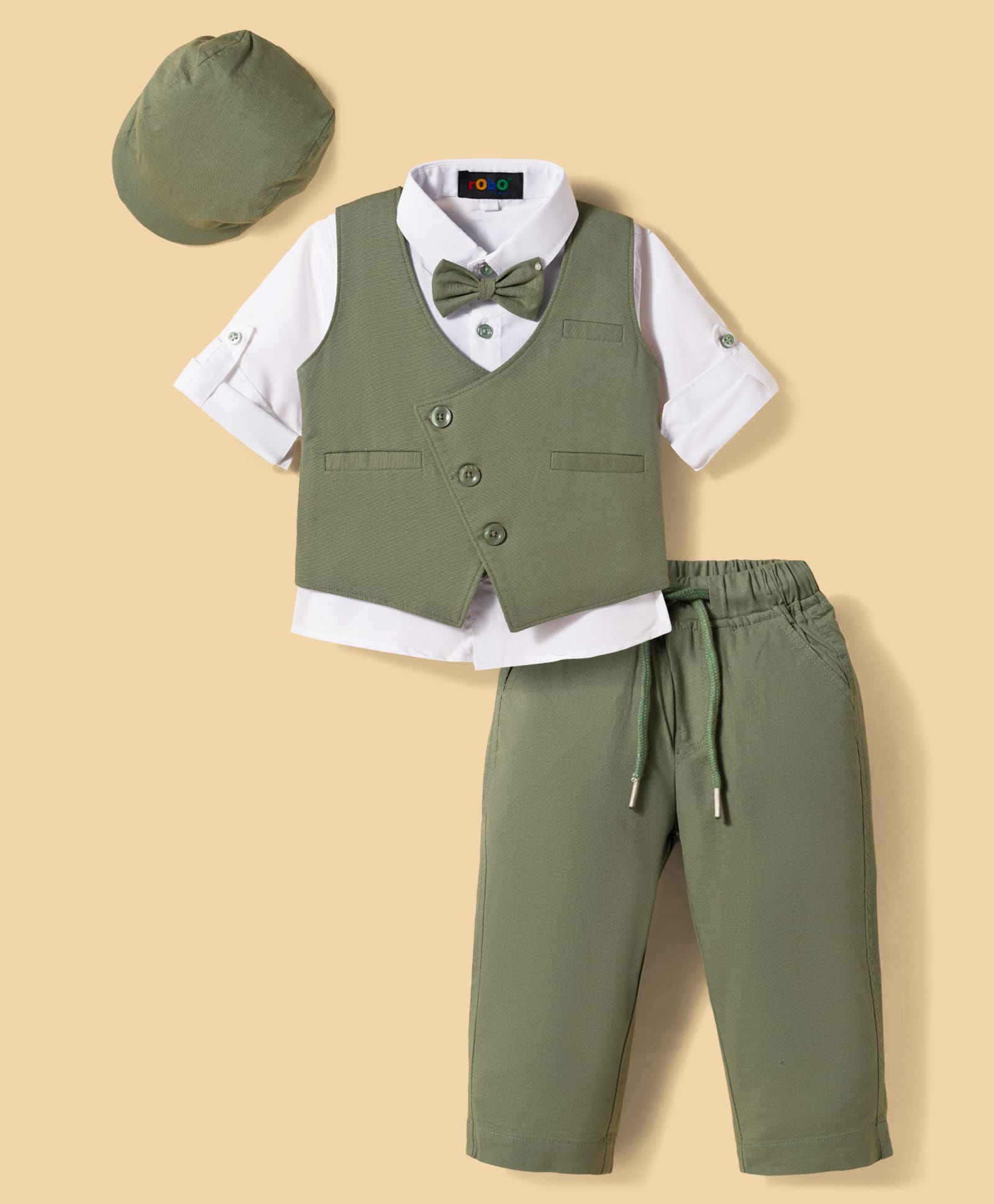 Robo Fry Cotton Woven Full Sleeves Solid 3 Piece Party Suit With Bow & Cap - Green-picture-32
