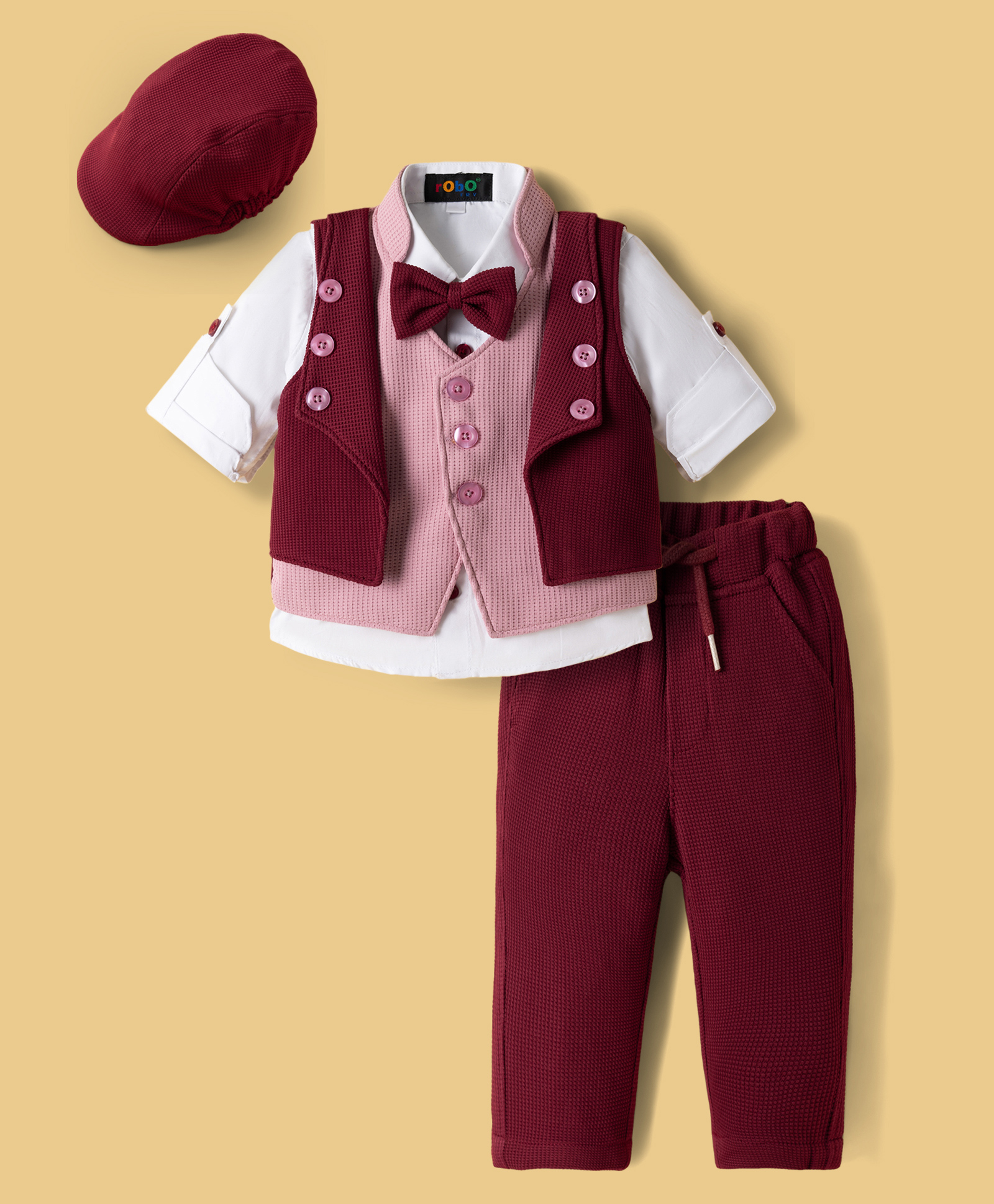 Robo Fry Cotton Woven Full Sleeves Solid Colour 3 Piece Party Suit with Cap & Bow- Maroon-picture-31