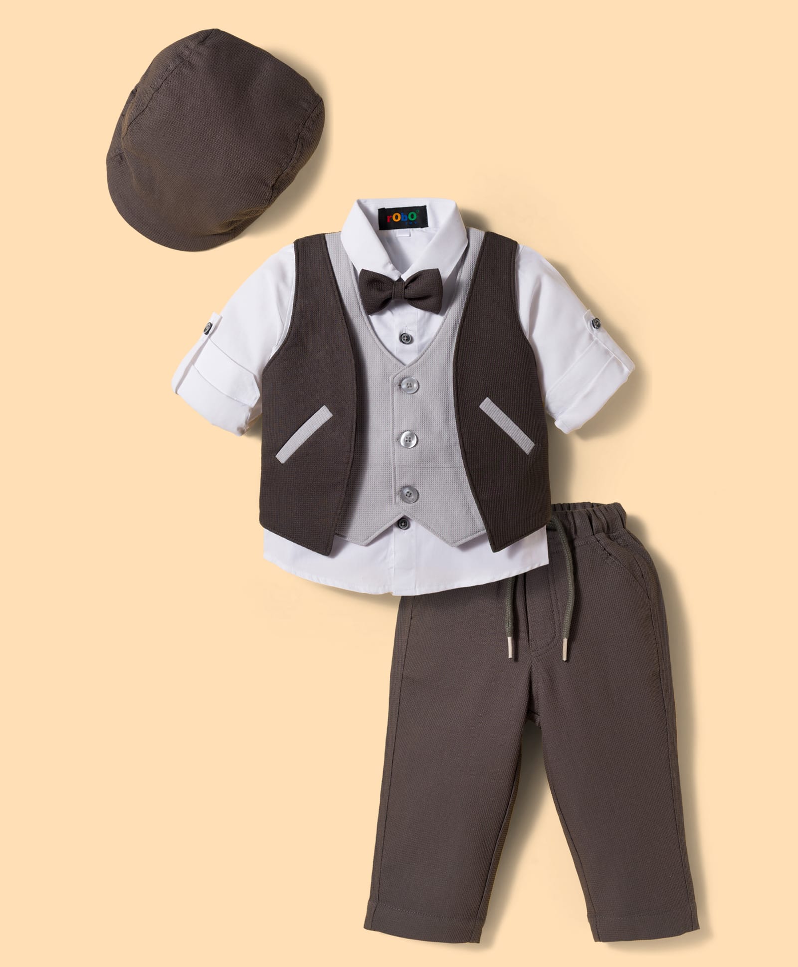 Robo Fry Cotton Woven Full Sleeves Solid 3 Piece Party Suit With Bow & Cap - Grey-image-23