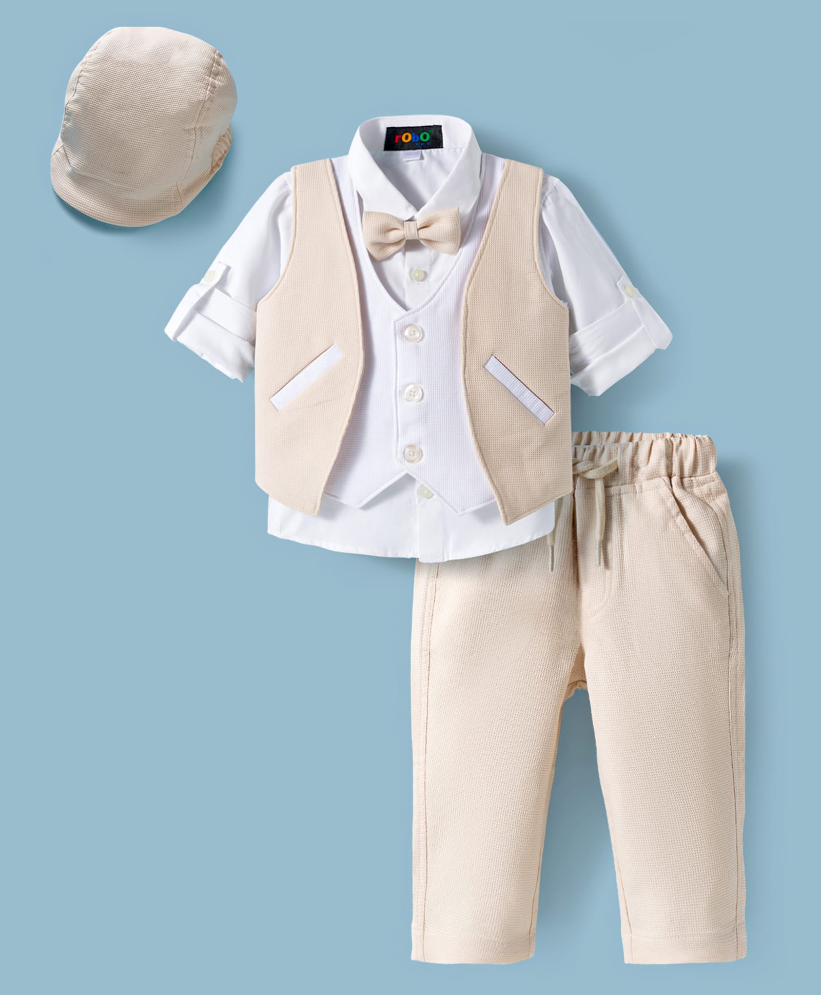 Robo Fry Cotton Woven Full Sleeves Solid 3 Piece Party Suit With Bow - Cream-picture-34