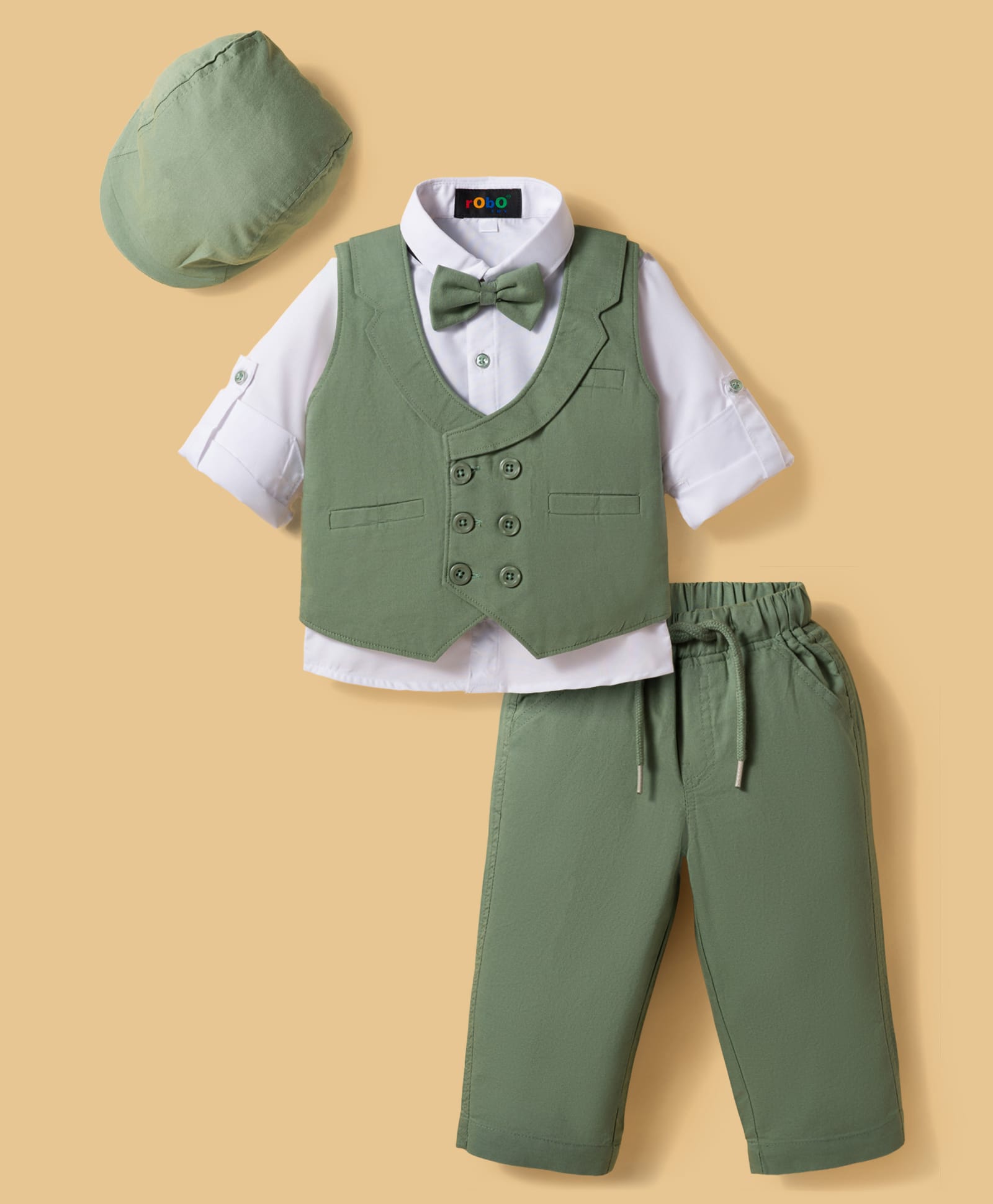 Robo Fry Cotton Woven Full Sleeves Solid 3 Piece Party Suit With Bow & Cap - Green-picture-27