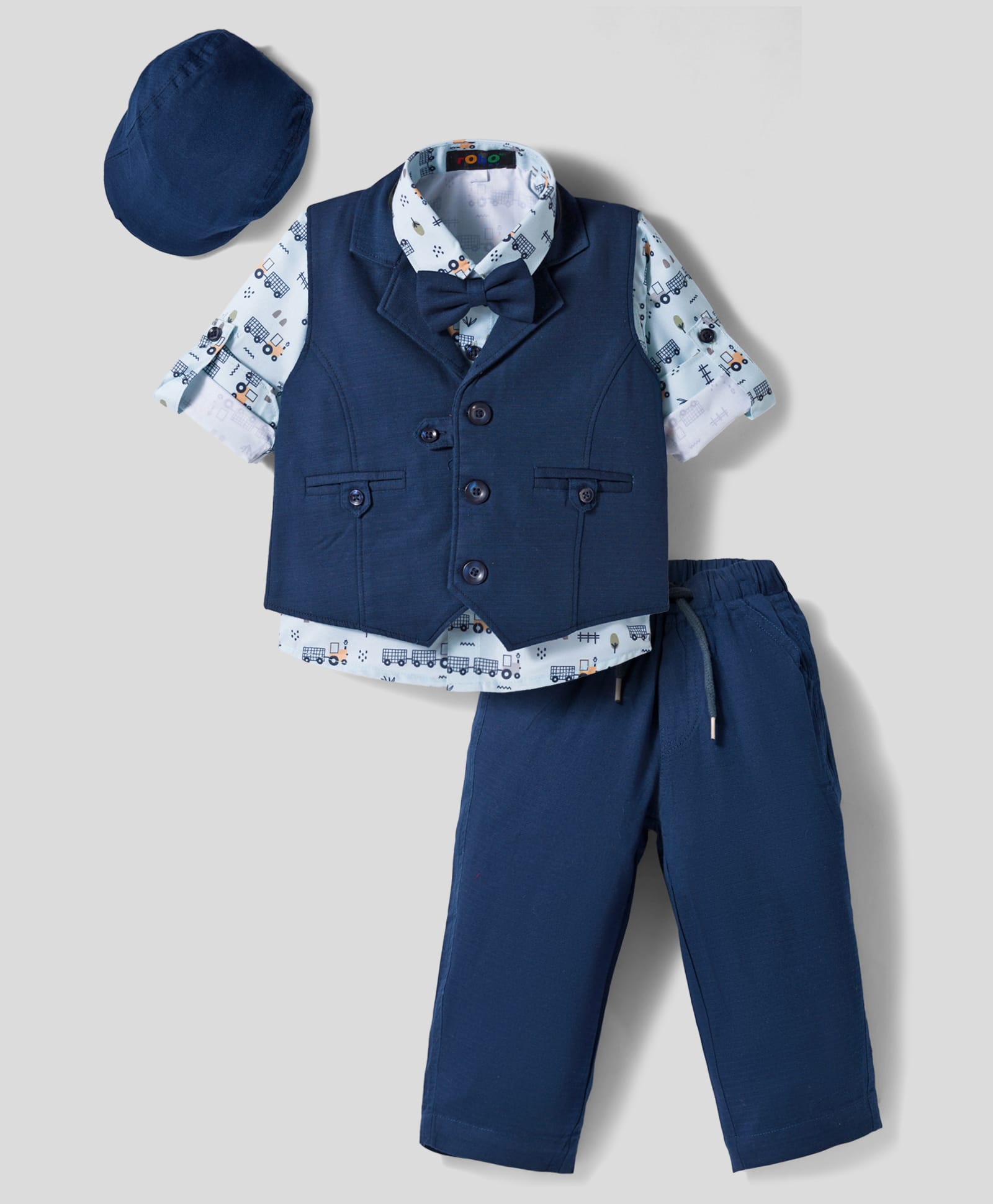 Robo Fry Cotton Woven Full Sleeves Printed 3 Piece Party Suit With Bow & Cap - Navy Blue-picture-44
