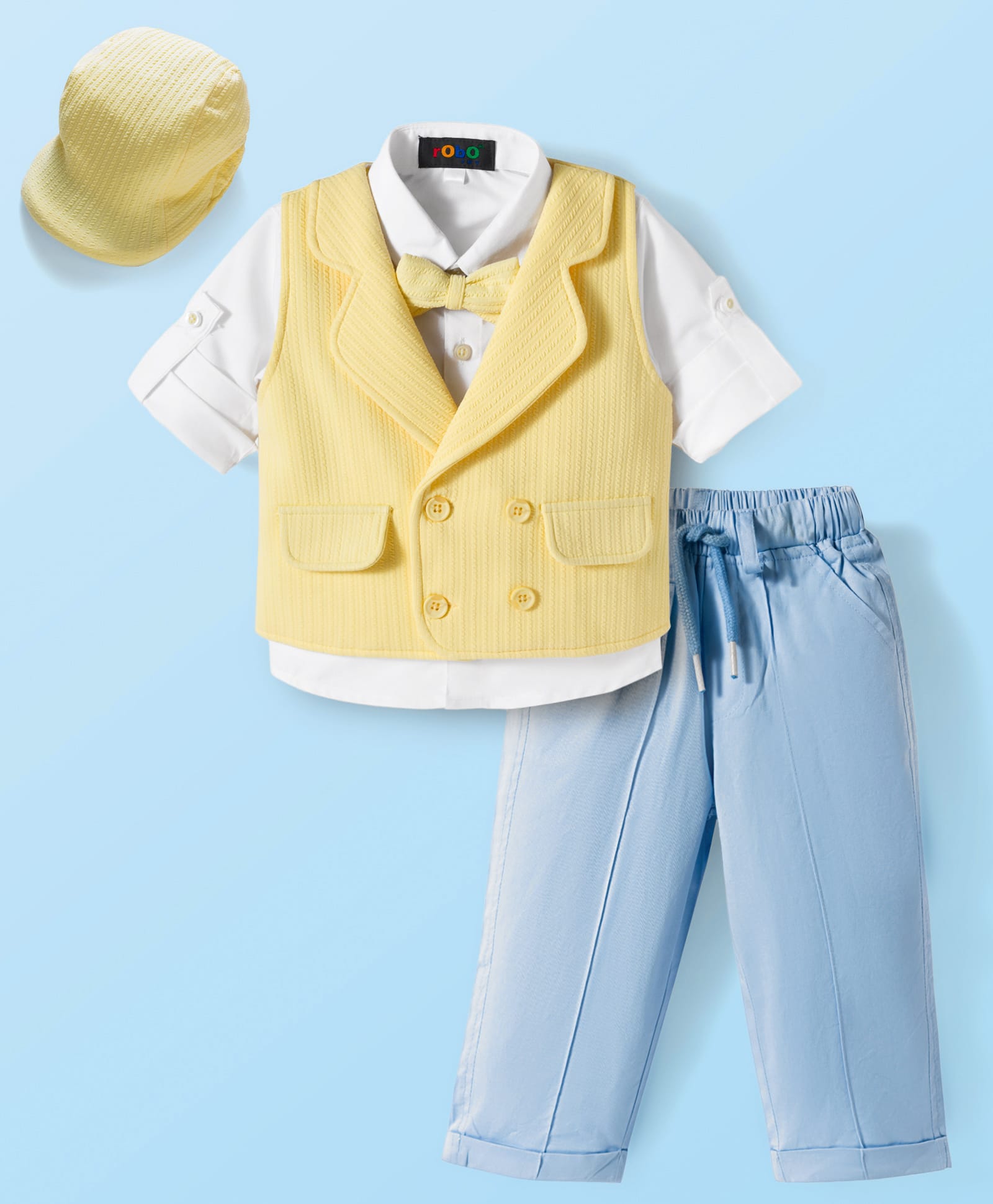 Robo Fry Cotton Woven Full Sleeves Solid Color 3 Piece Party Suit with Bow & Cap - Yellow-picture-15