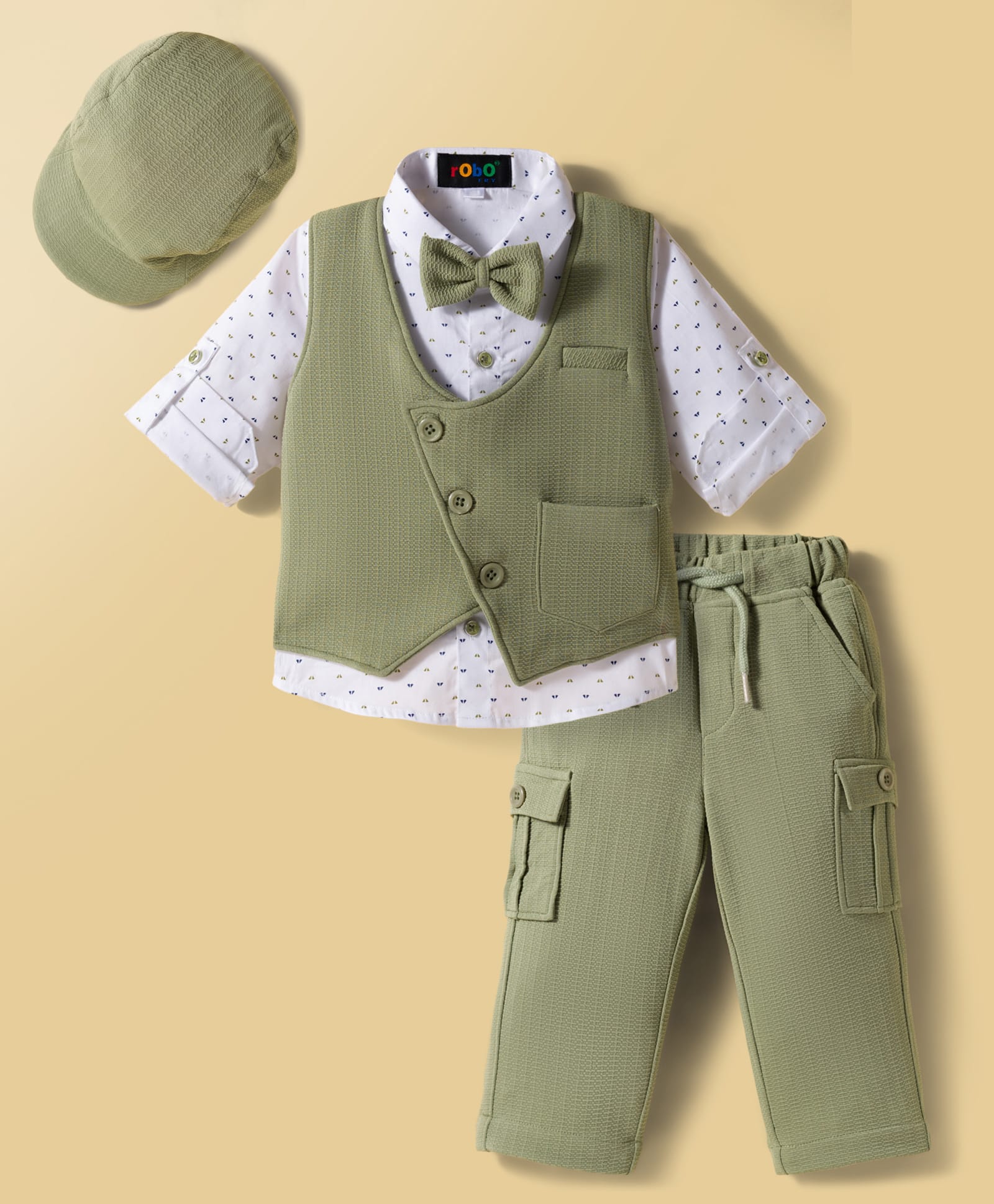 Robo Fry Cotton Woven Full Sleeves Printed 3 Piece Party Suit With Bow & Cap - Green-picture-35