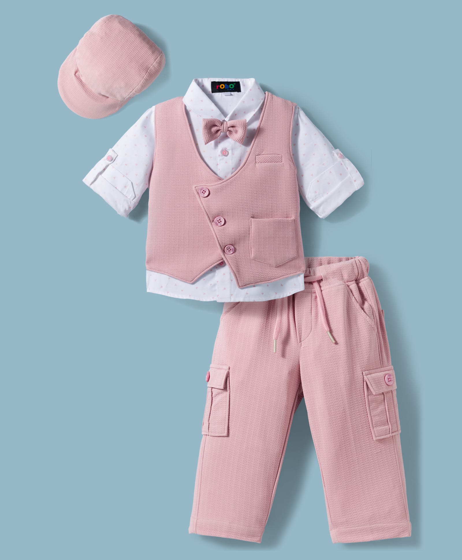 Robo Fry Cotton Woven Full Sleeves Solid 3 Piece Party Suit With Bow & Cap - Pink-picture-17