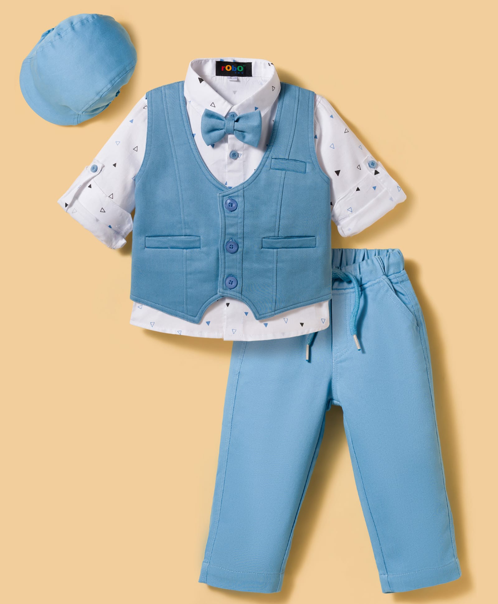 Robo Fry Cotton Woven Full Sleeves Printed 3 Piece Party Suit With Bow & Cap - Blue-picture-38