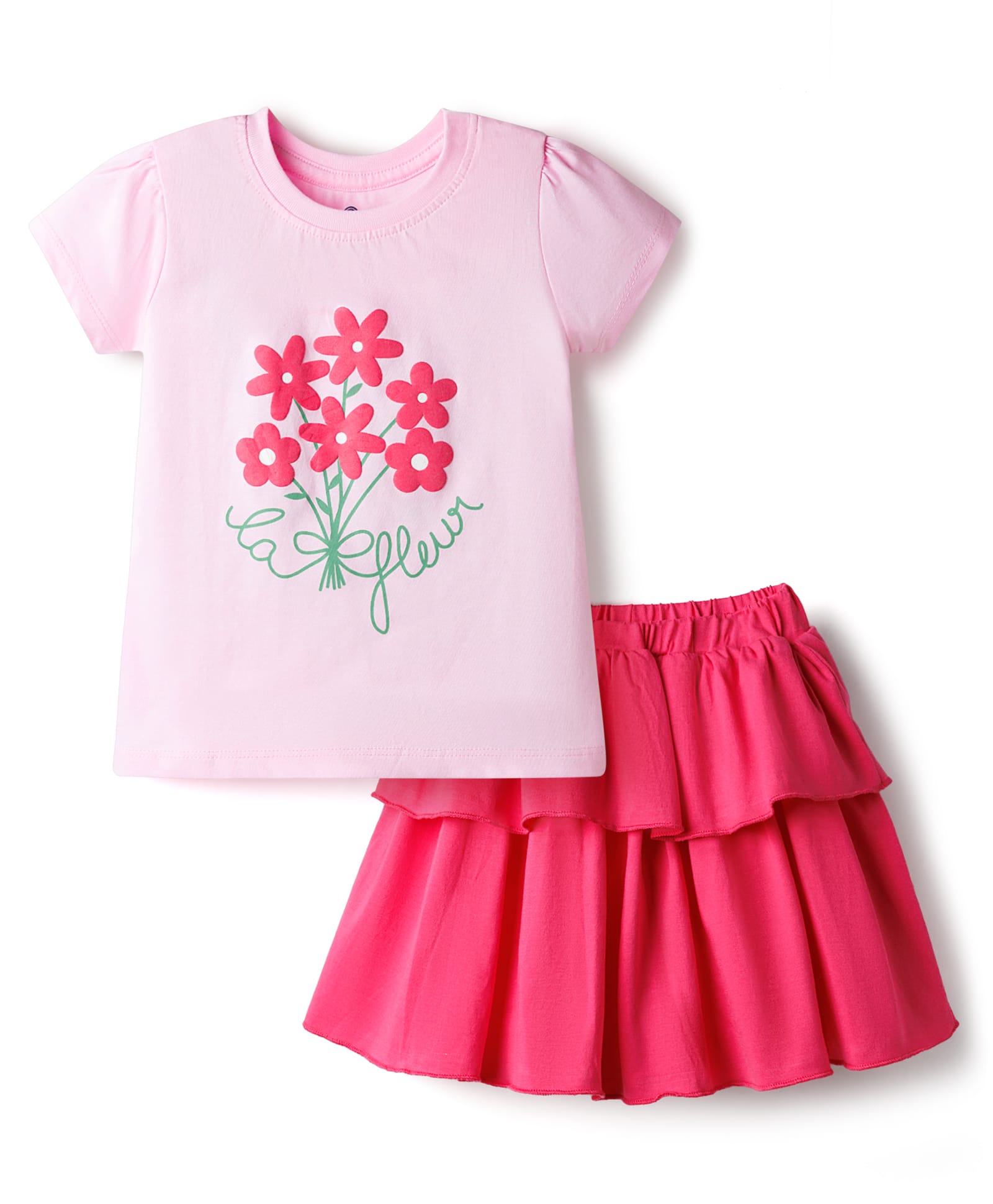 Doodle Poodle 100% Cotton Single Jersey Knit Half Sleeves Top & Skirt Set with Floral Print - Pink-picture-18