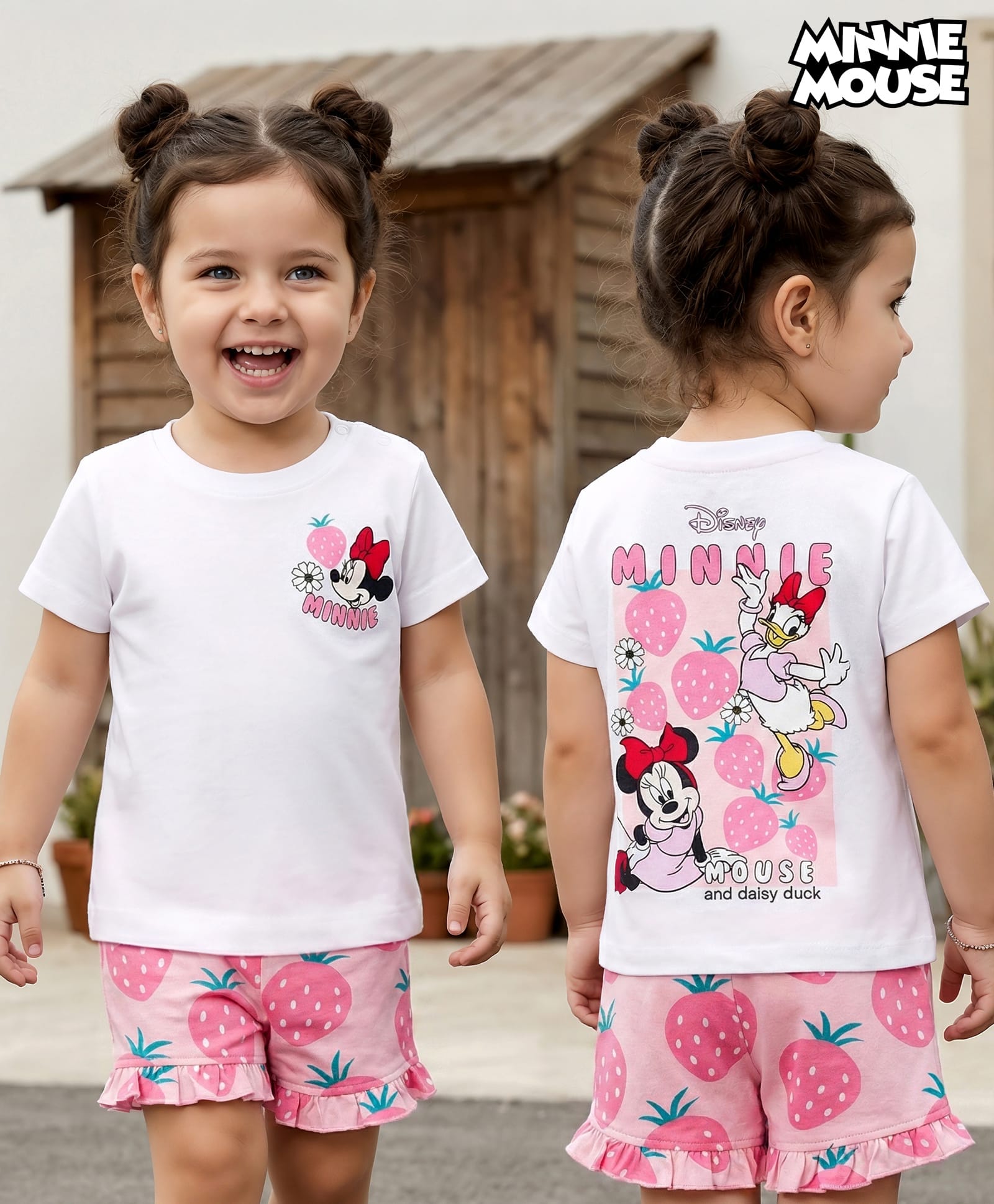 Babyhug Disney Single Jersey Knit Half Sleeves Oversized T-Shirt & Shorts Set with Minnie & Friends Front & Back Graphic - Multicolor-image-1