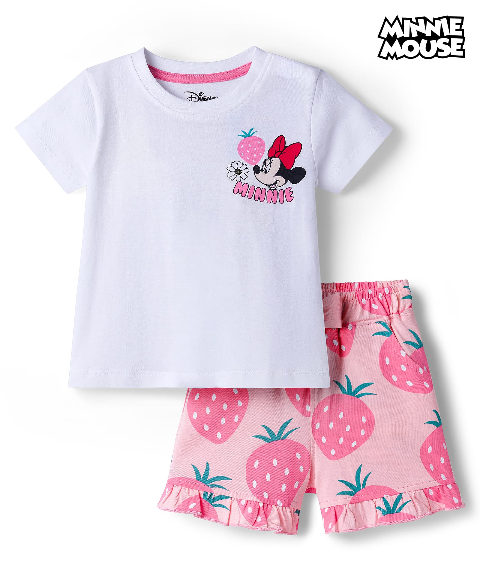 Babyhug Disney Single Jersey Knit Half Sleeves Oversized T-Shirt & Shorts Set with Minnie & Friends Front & Back Graphic - Multicolor-image-4