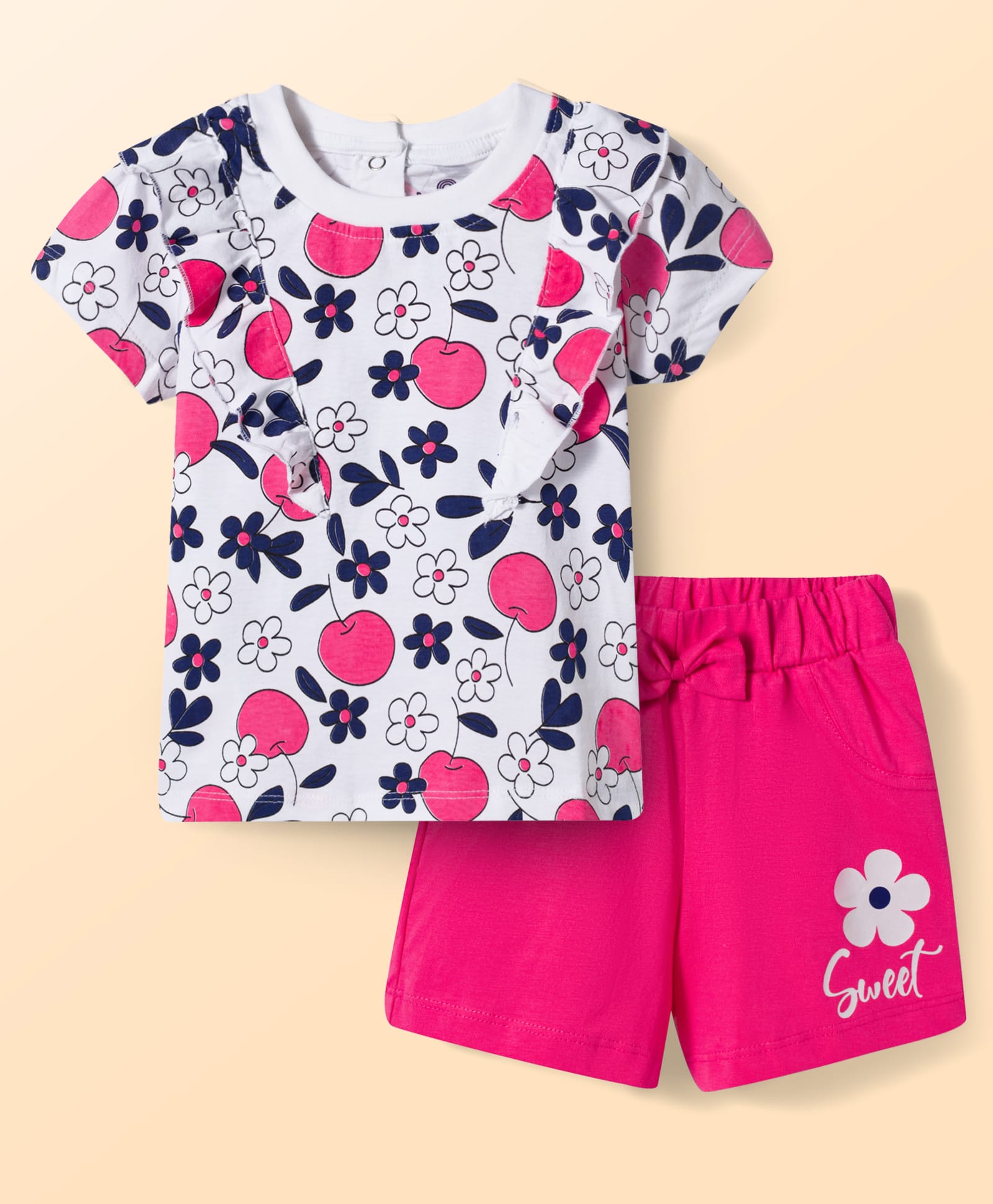 Doodle Poodle 100% Cotton Knit Half Sleeves Floral Printed Top & Shorts Set - Red & White-picture-26