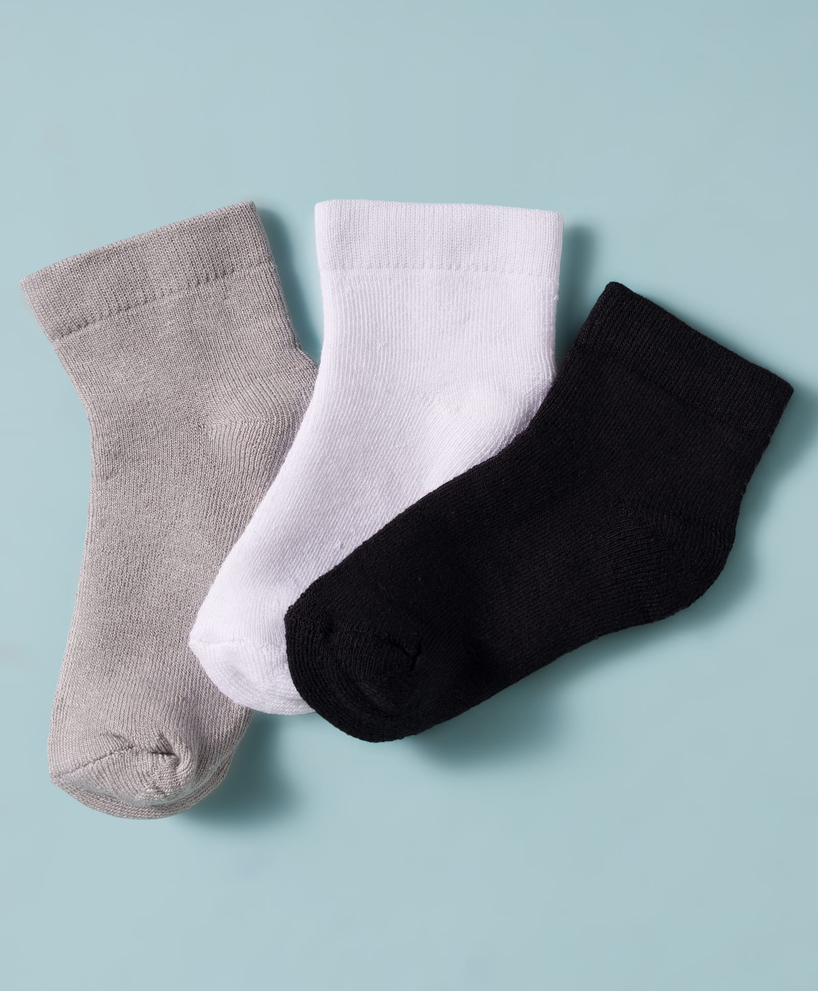 Honeyhap Premium Cotton Spandex Terry Knit Ankle Length Solid Colour Socks With Bio Finish Pack of 3 - Black White & Grey