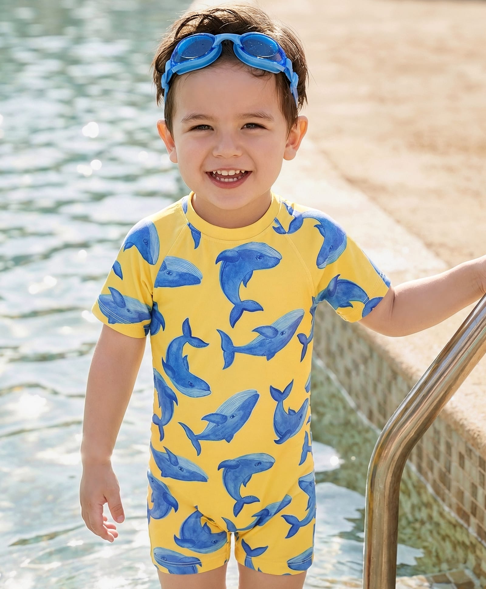 Babyhug Water Repellent Half Raglan Sleeves Legged Swimsuit With Whale Print - Yellow-image-23