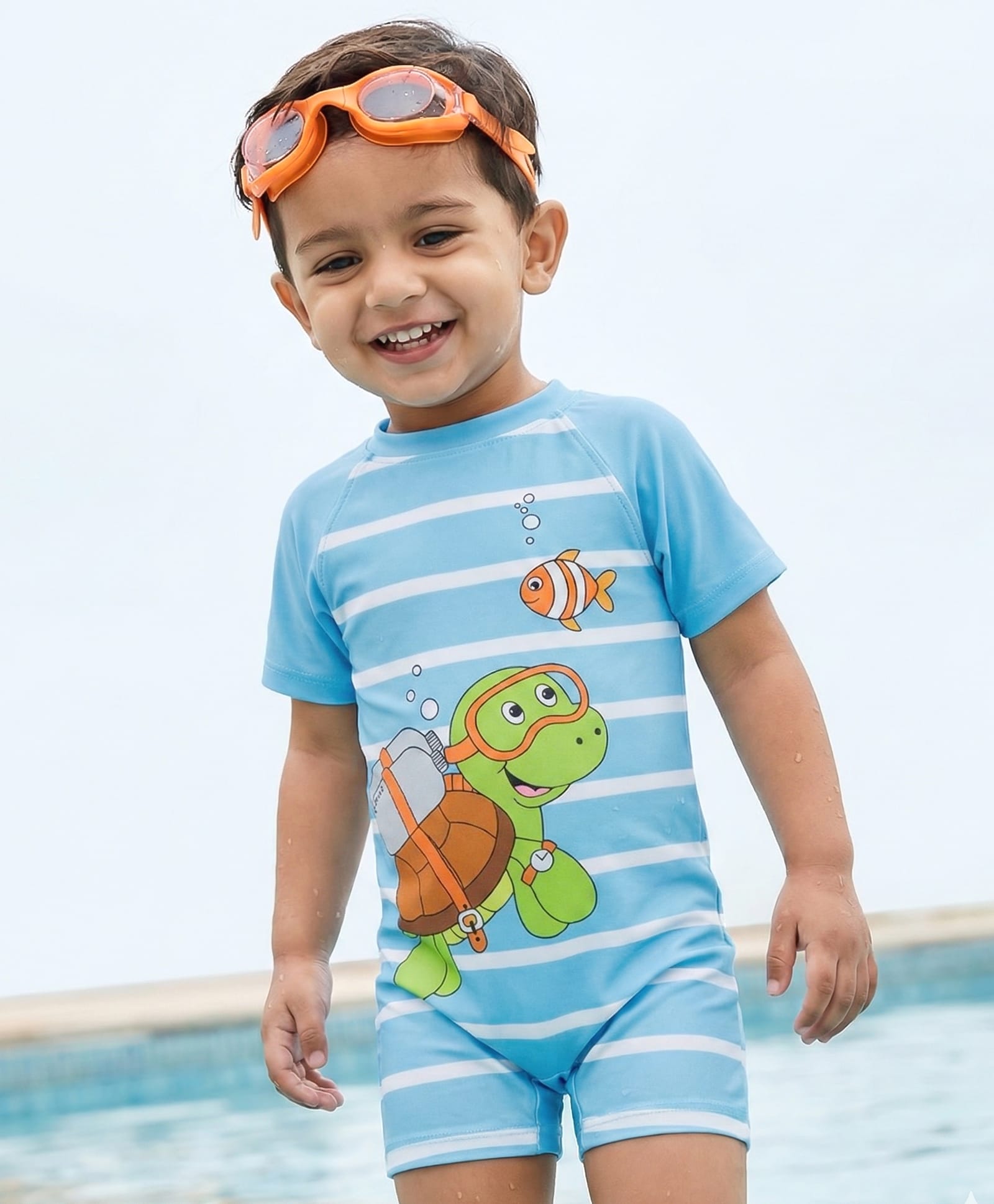 Babyhug Water Repellent Half Raglan Sleeves Legged Swimsuit With Turtle & Fish Print - Light Blue-image-20